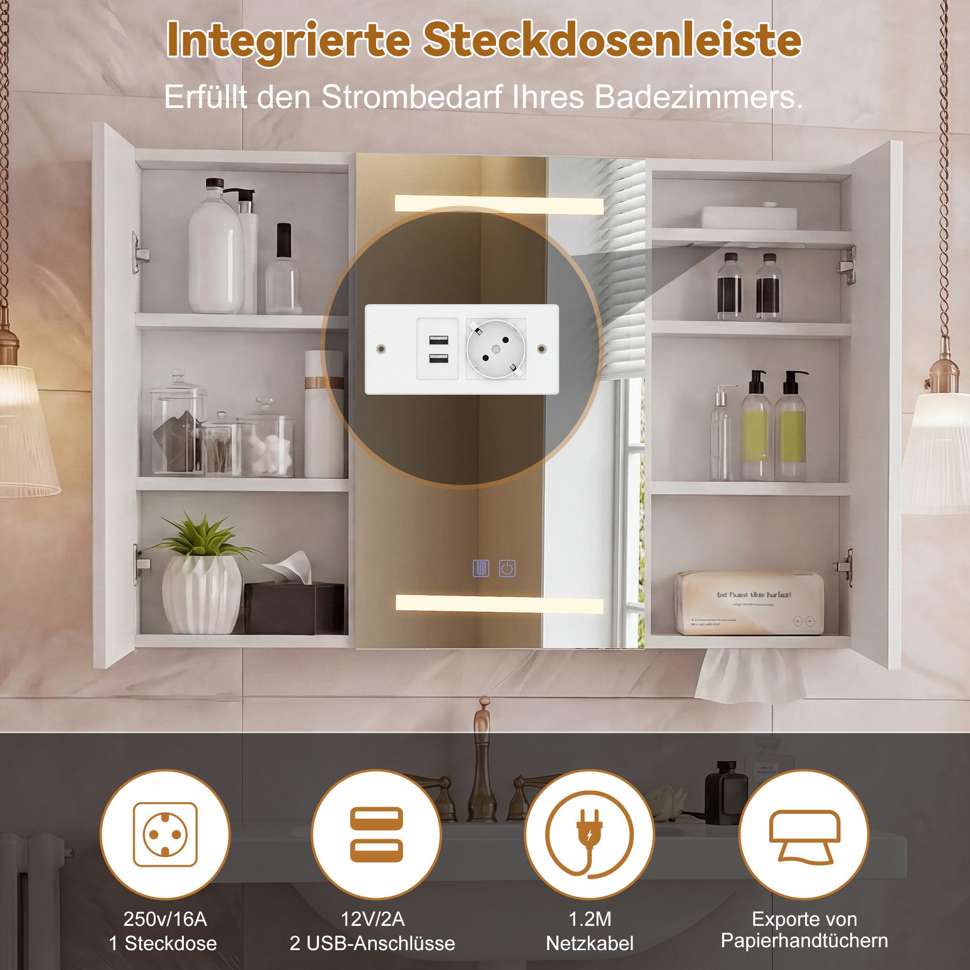 Simurq Badezimmerspiegelschrank Spiegelschrank mit LED-Beleuchtung 100x60cm,Spiegelschrank mit Touch (1-St) – Bild 4 von 5