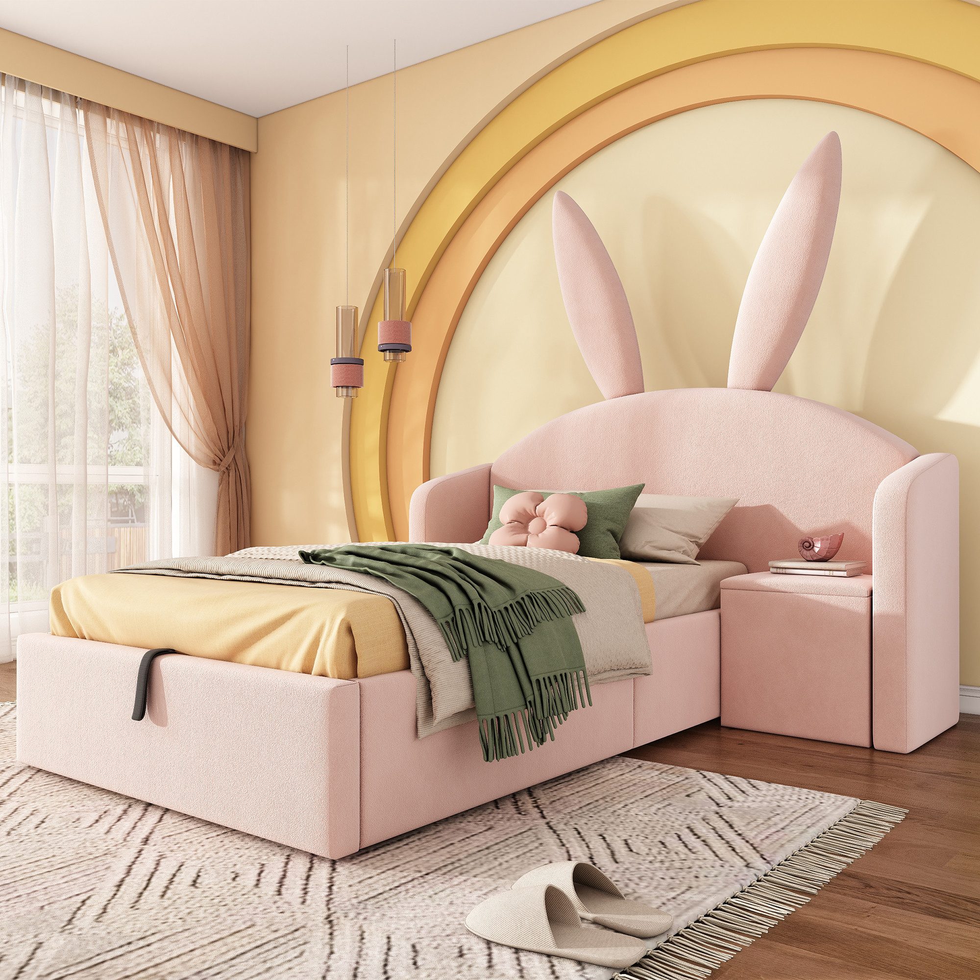 REDOM Polsterbett Samt-Kinderbett mit weichem Kopfteil (Packung, Rosa, 90x200 cm, ohne Matratze), Stauraum & Nachttisch integriert