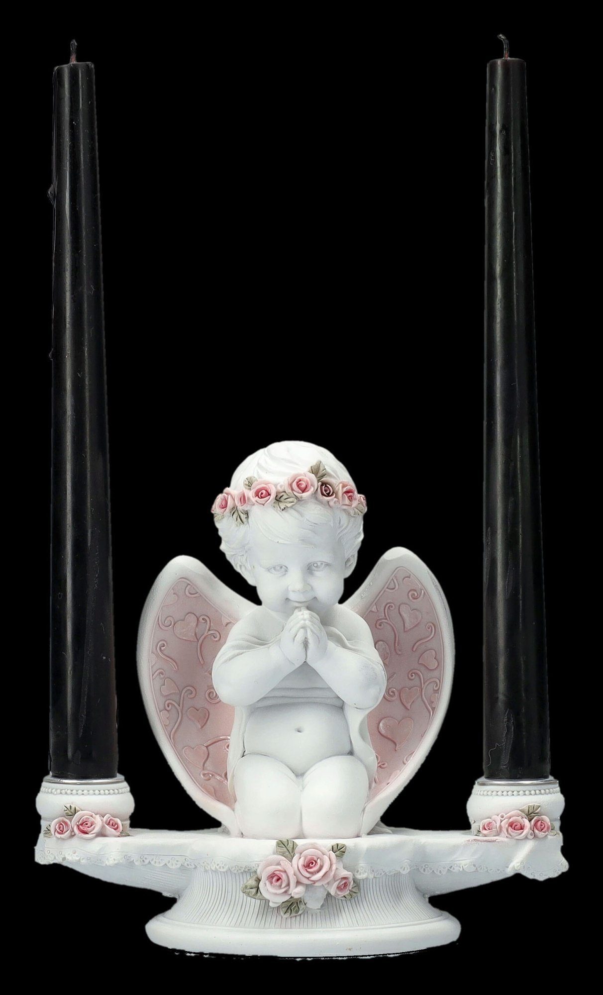 Figuren Shop GmbH Kerzenhalter Kerzenhalter Engel - Putte mit rosa Rosen - Dekoration Engel Cherub