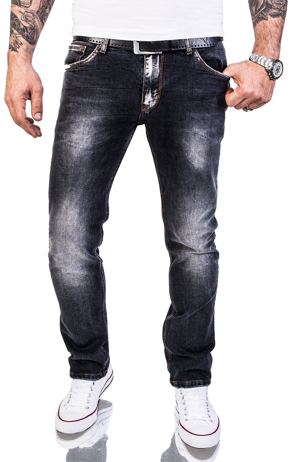 Dunkelgrau Creek Slim-fit-Jeans Herren RC-2143 Rock Jeans Stonewashed