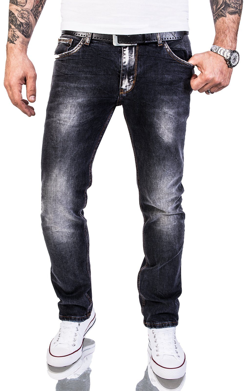 Slim-fit-Jeans Herren Jeans Stonewashed Dunkelgrau RC-2143