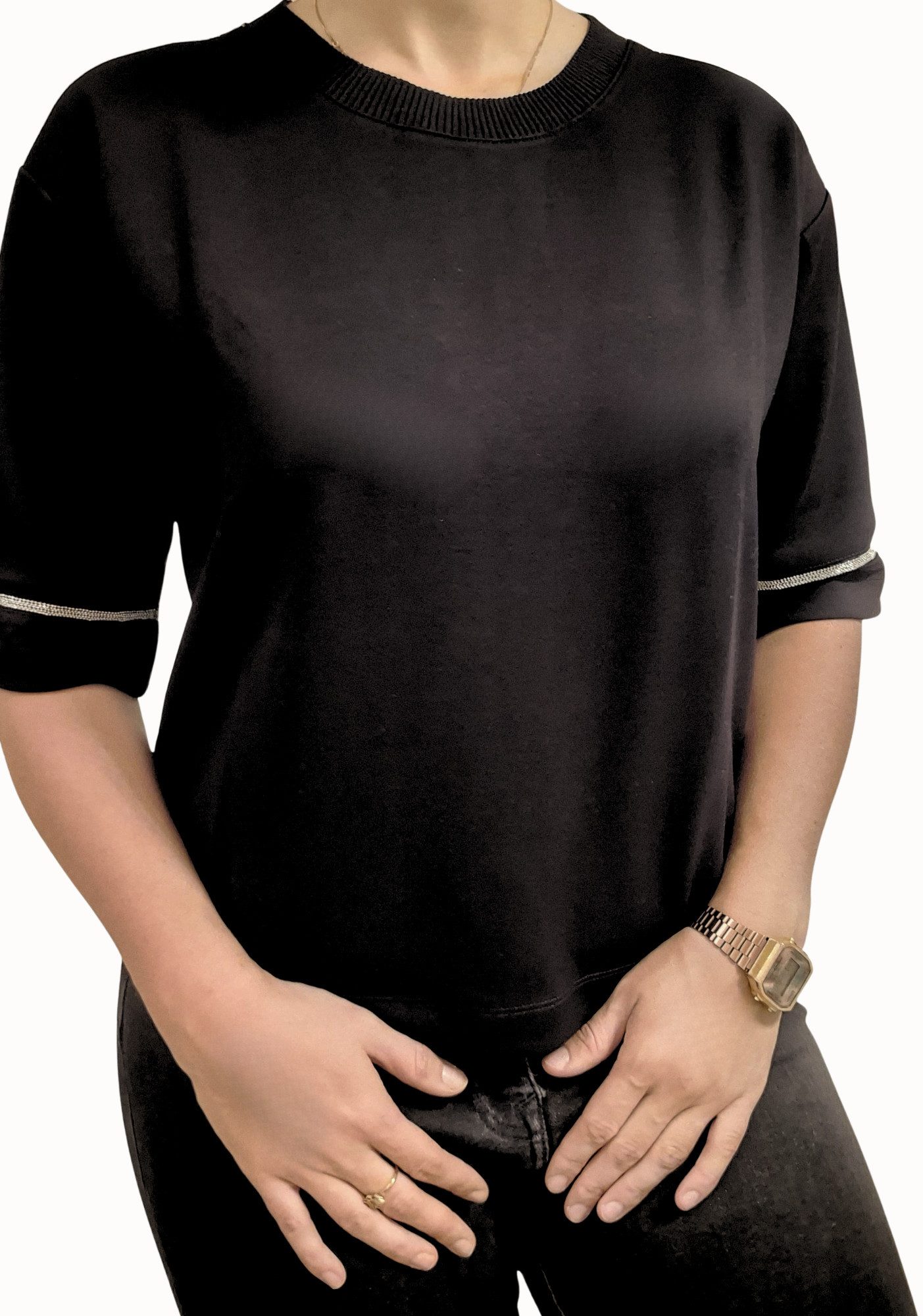 Estefania for woman Rundhalsshirt 194-1215, mit Rippbündchen am Ausschnitt Kleine silberfarbene Perlen an Schultern und Ärmelsaum