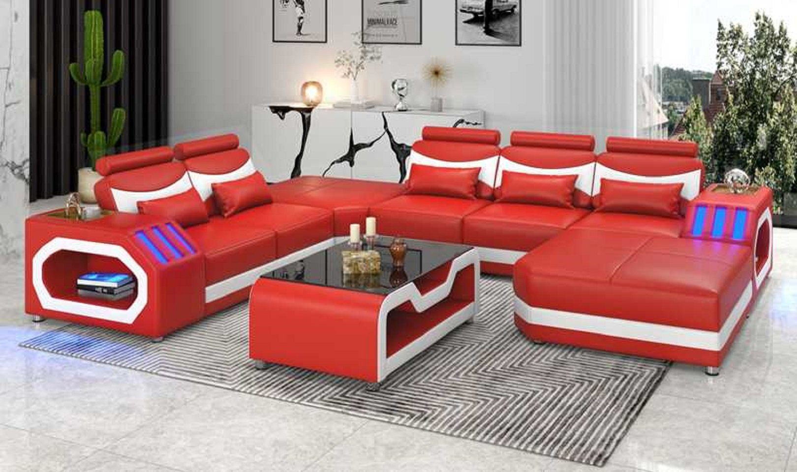 JVmoebel Ecksofa Wohnlandschaft Großes Sofa XXL U Form Ecksofa Sofas LED, 4 Teile, Made in Europe Rot