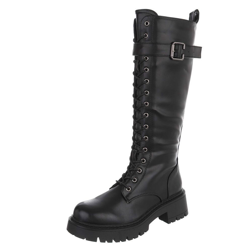 Ital-Design Damen Schnürstiefel Combat-Style mit Schnalle Plateaustiefel (92078846) Blockabsatz Stiefel in Schwarz
