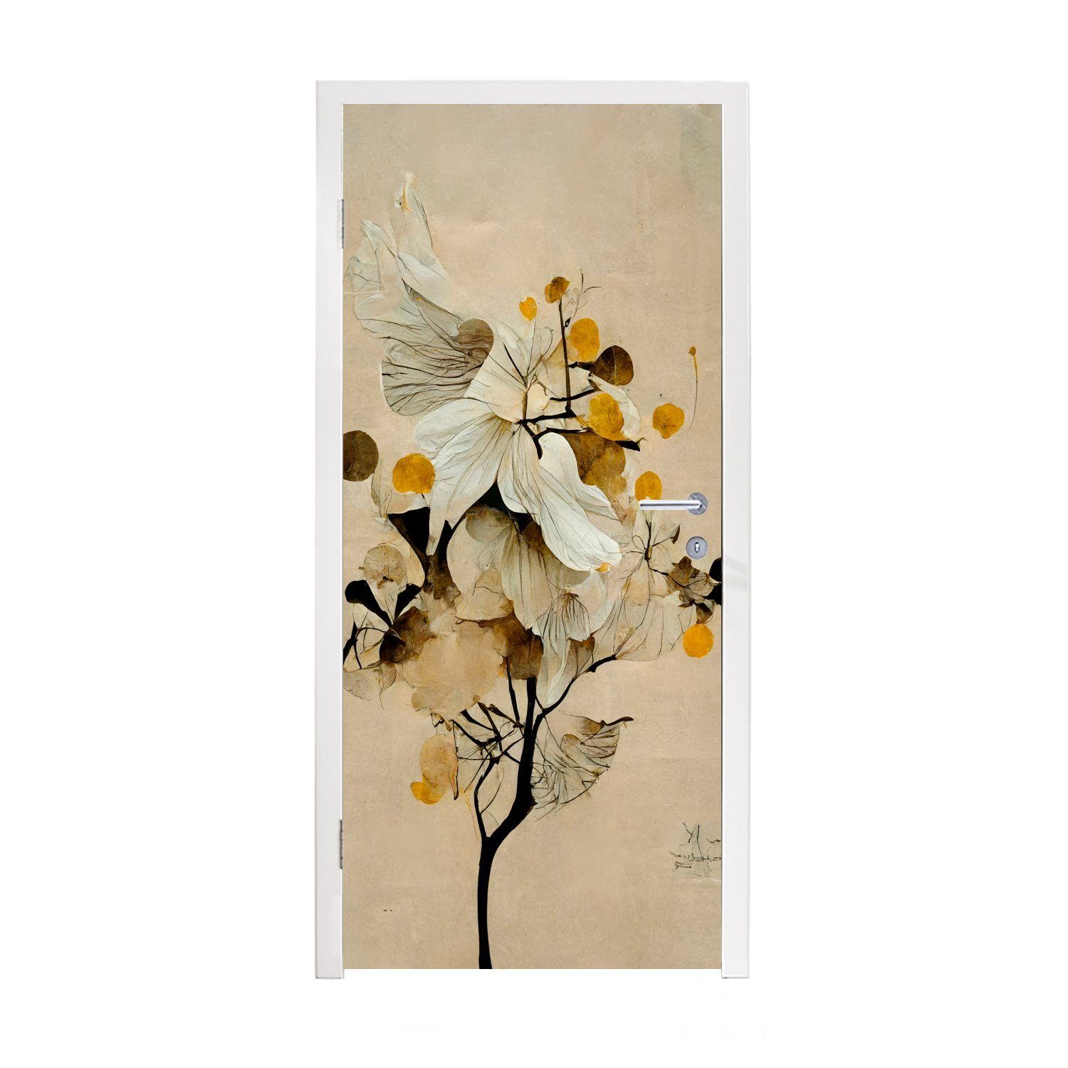 Pflanzen MuchoWow Tür, bedruckt, Fototapete St), (1 - Blumen Türtapete 75x205 Vintage, - Türaufkleber, cm für - Matt, Gold