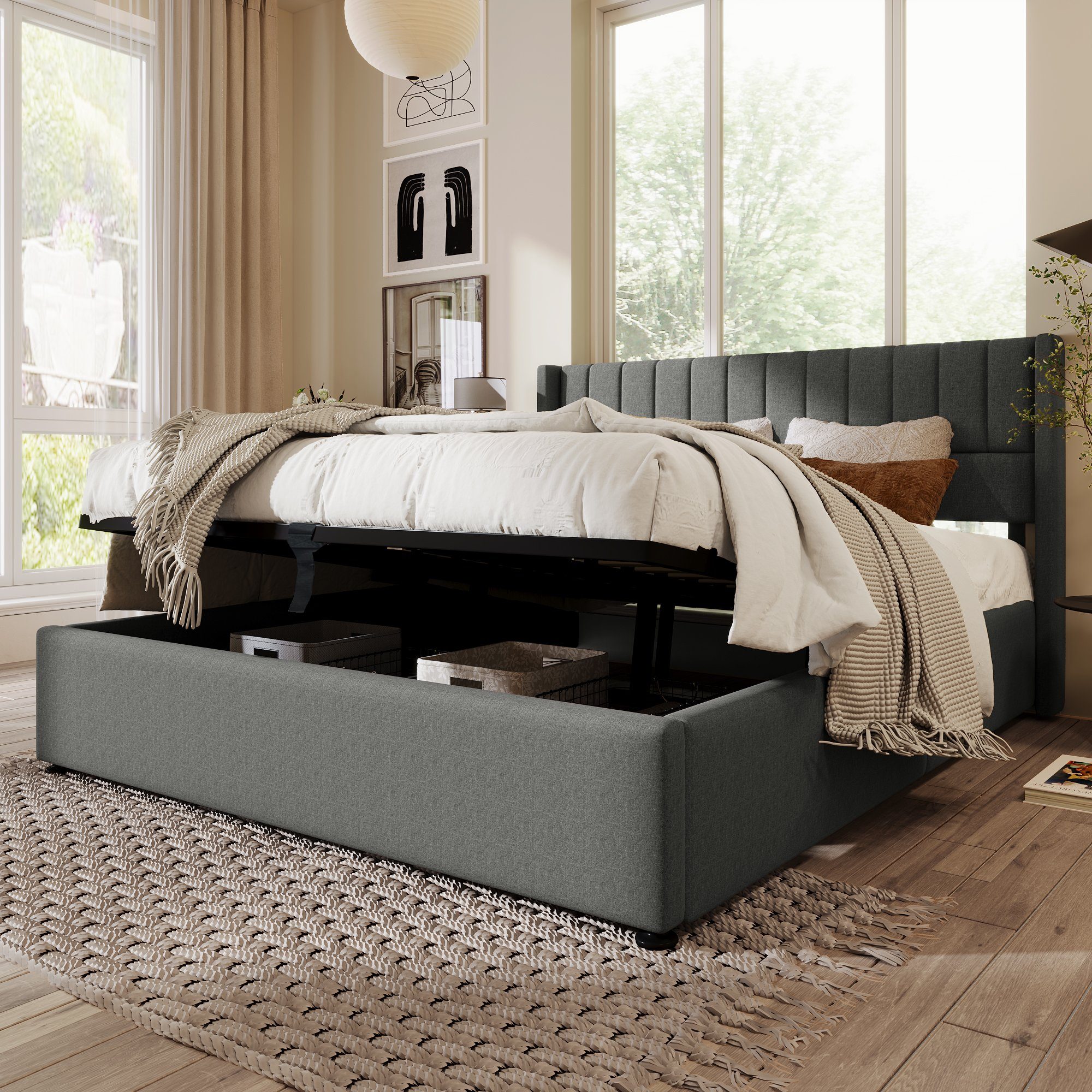 REDOM Polsterbett Stauraumbett Doppelbett (140x200cm Grau günstig online kaufen
