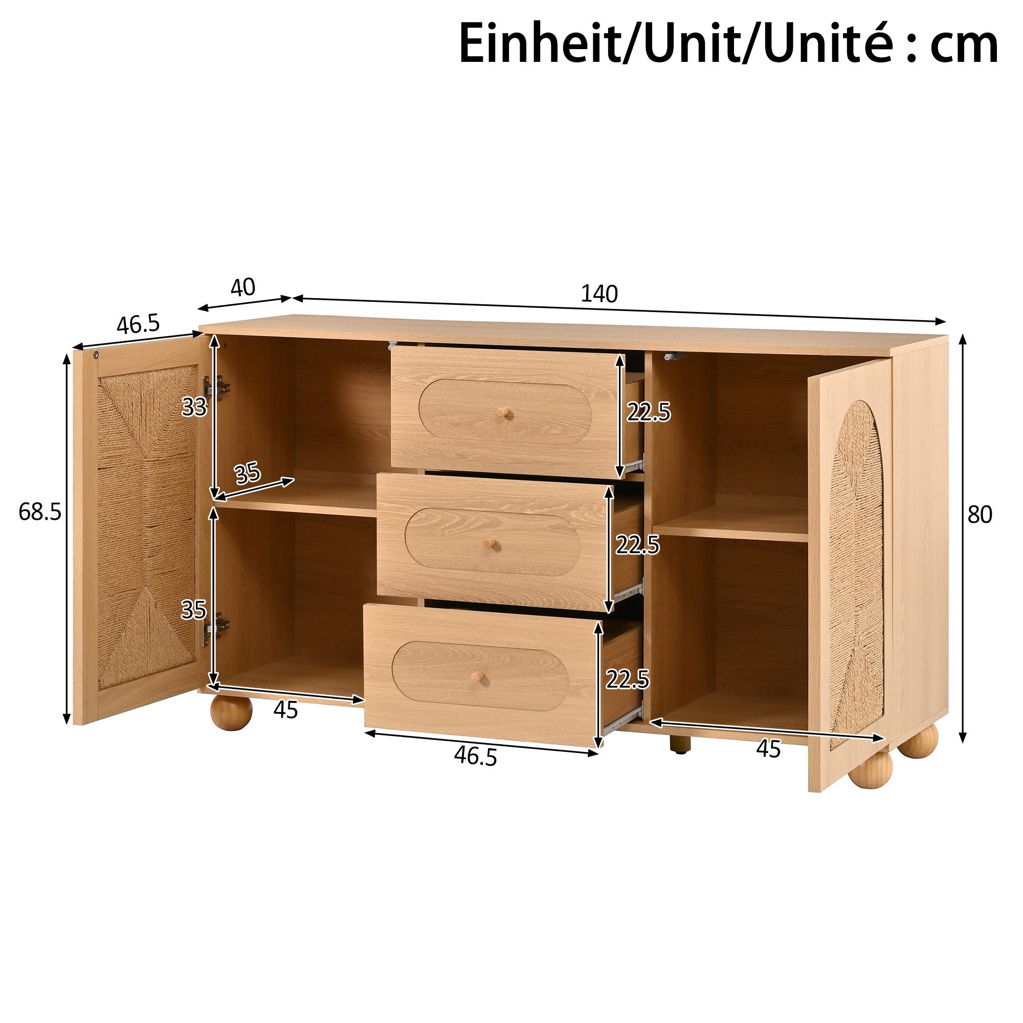 Merax Sideboard mit 2 Seilgeflecht-Türen und drei Schubladen (140 L x 40 B x 80 H cm, 1 St., Flurschrank Aufbewahrungsschrank Anrichte), Kommode mit Einlegeböde – Bild 5 von 5