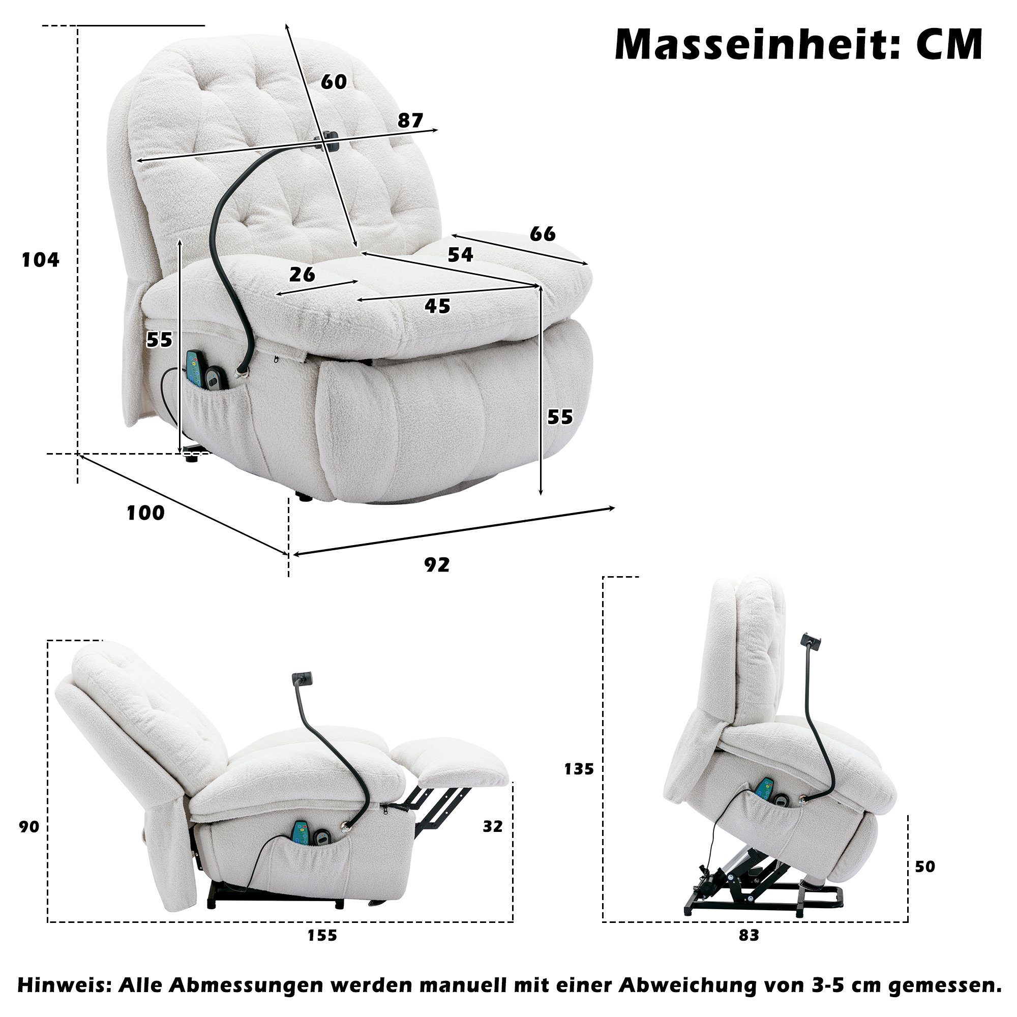 Relaxsessel mit Weiß Merax Massagesessel mit mit TV-Sessel Vibration Aufstehhilfe und Handyhalterung, Wärmefunktion, Fernbedienung,