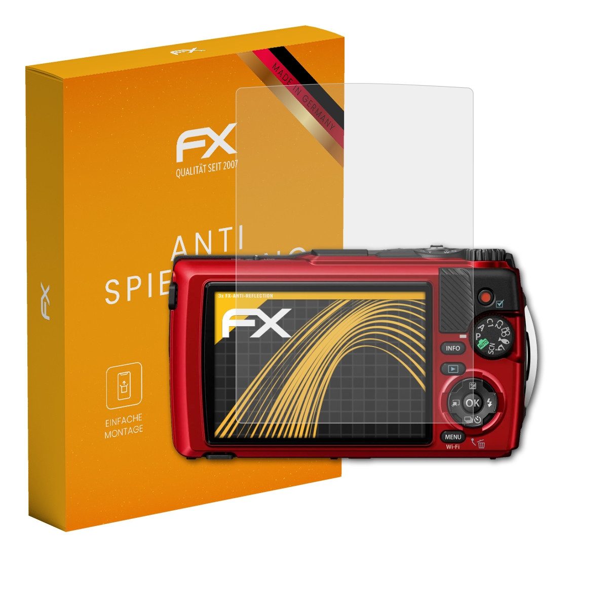 atFoliX Schutzfolie für Olympus Tough TG-7, (3 Folien), Entspiegelnd und stoßdämpfend