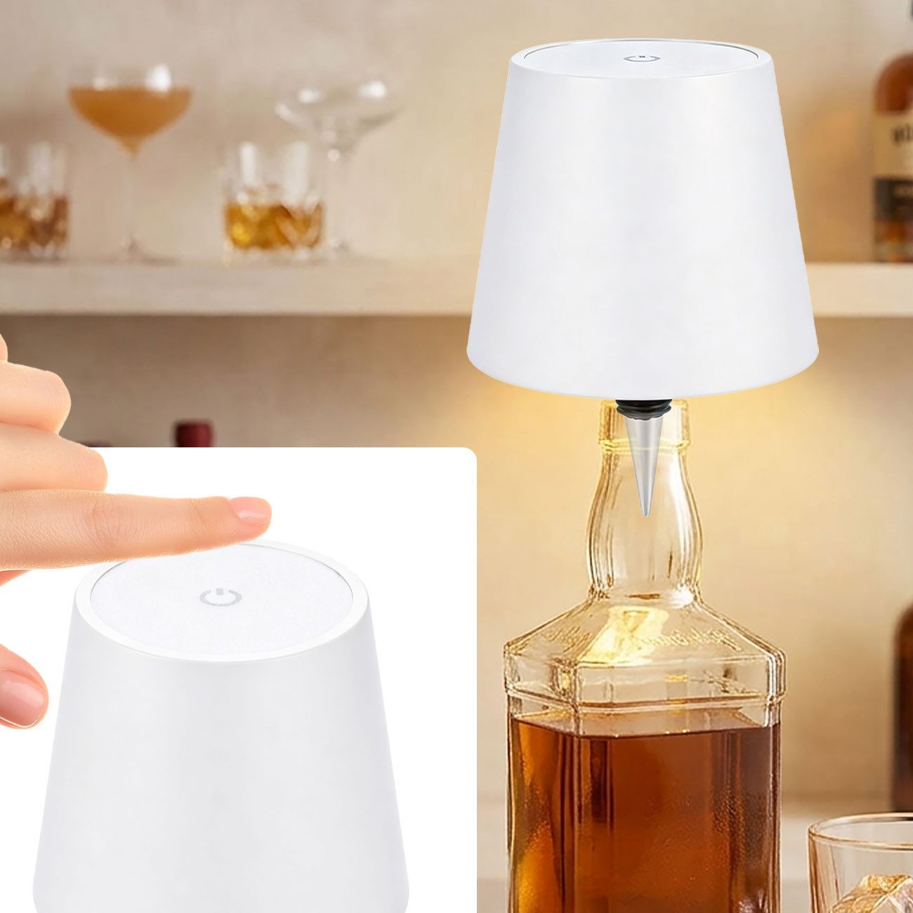 shop'n smile ideoon LED Tischleuchte Akku Flaschenlampe Weiß Dimmbar LED Tischleuchte Touch USB-C kabellos, LEDs, Akku-Flaschenlicht 3 Lichtfarben, dimmbar, Touch, Metallschirm