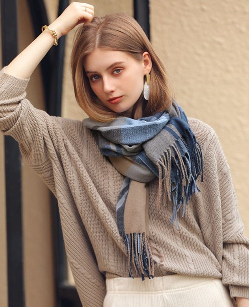 Wollschal Damen Schal,kuschelweich Karo,Winter Schal Poncho Qualität mit Fransen