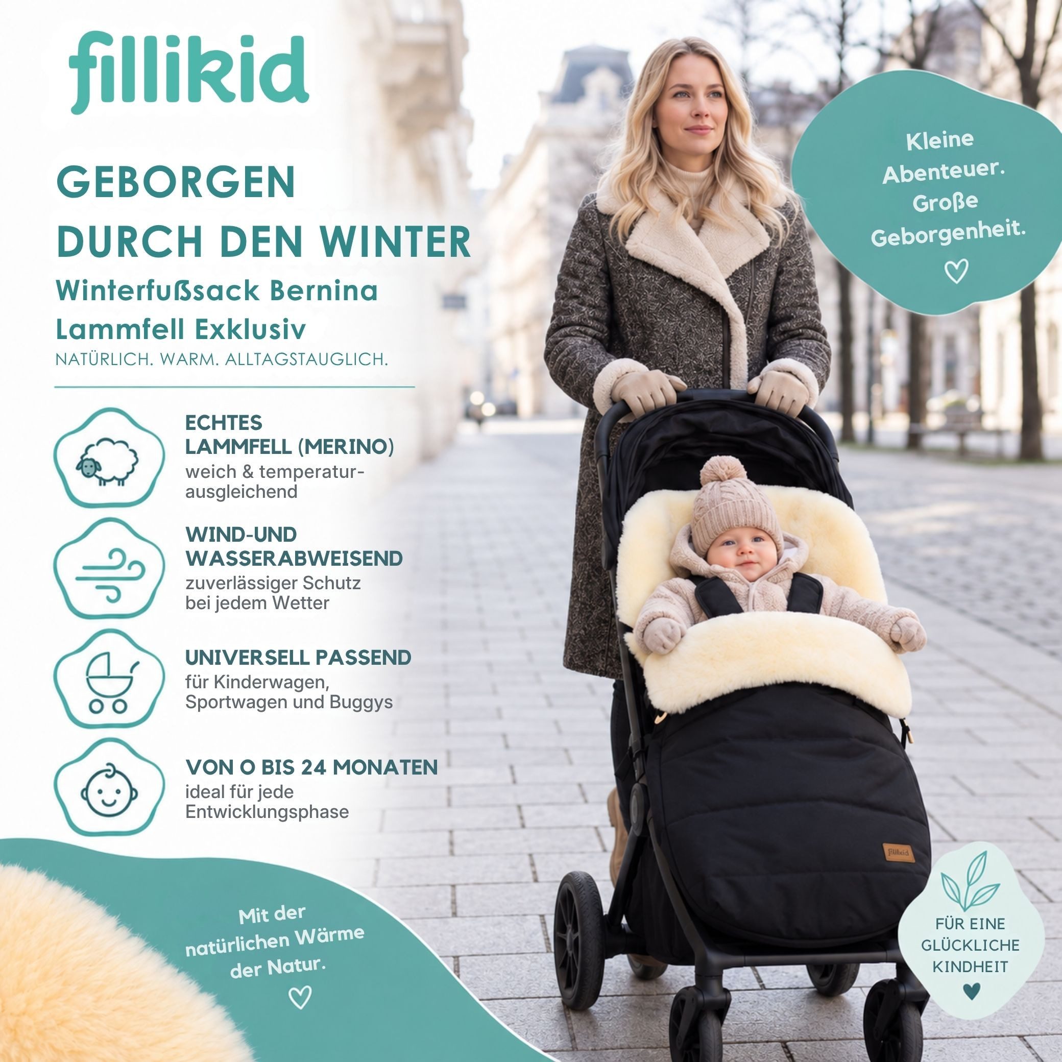 Fillikid Fußsack Winterfußsack Bernina Lammfell Exklusiv, Warmer Winterfußsack mit echtem Merino-Lammfell wasserabweisend und – Bild 2 von 5