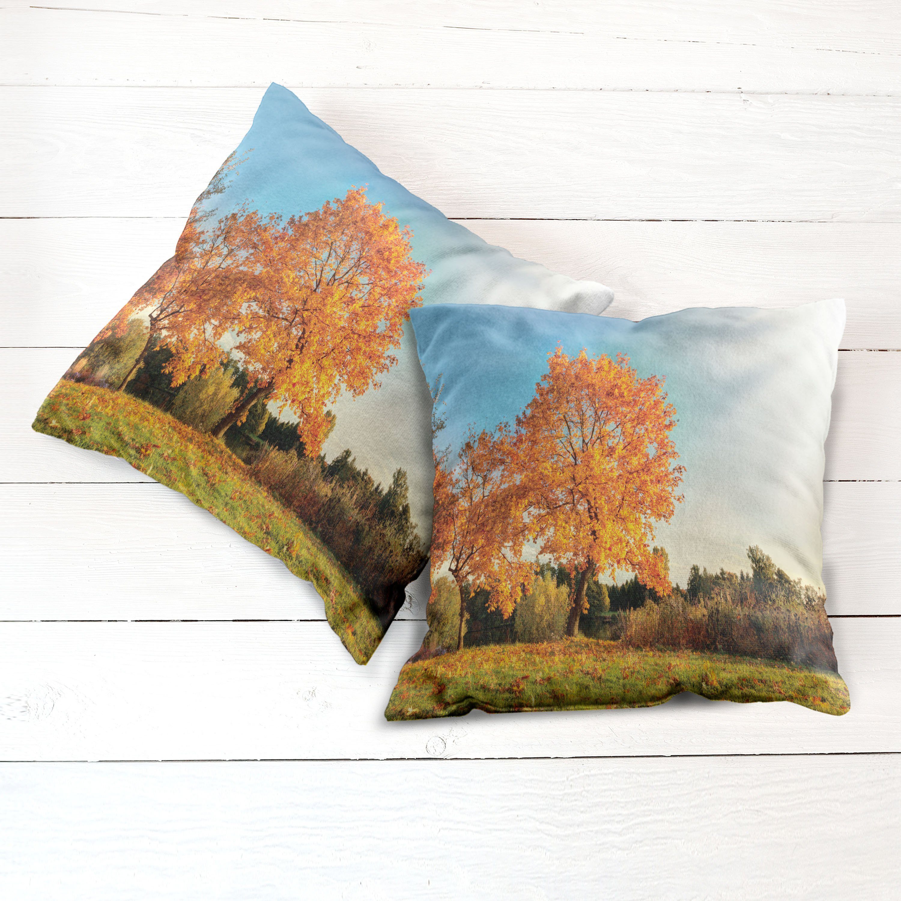 Modern Doppelseitiger Abakuhaus Digitaldruck, im (2 Stück), Accent Herbst Ahorn-Baum Kissenbezüge Natur