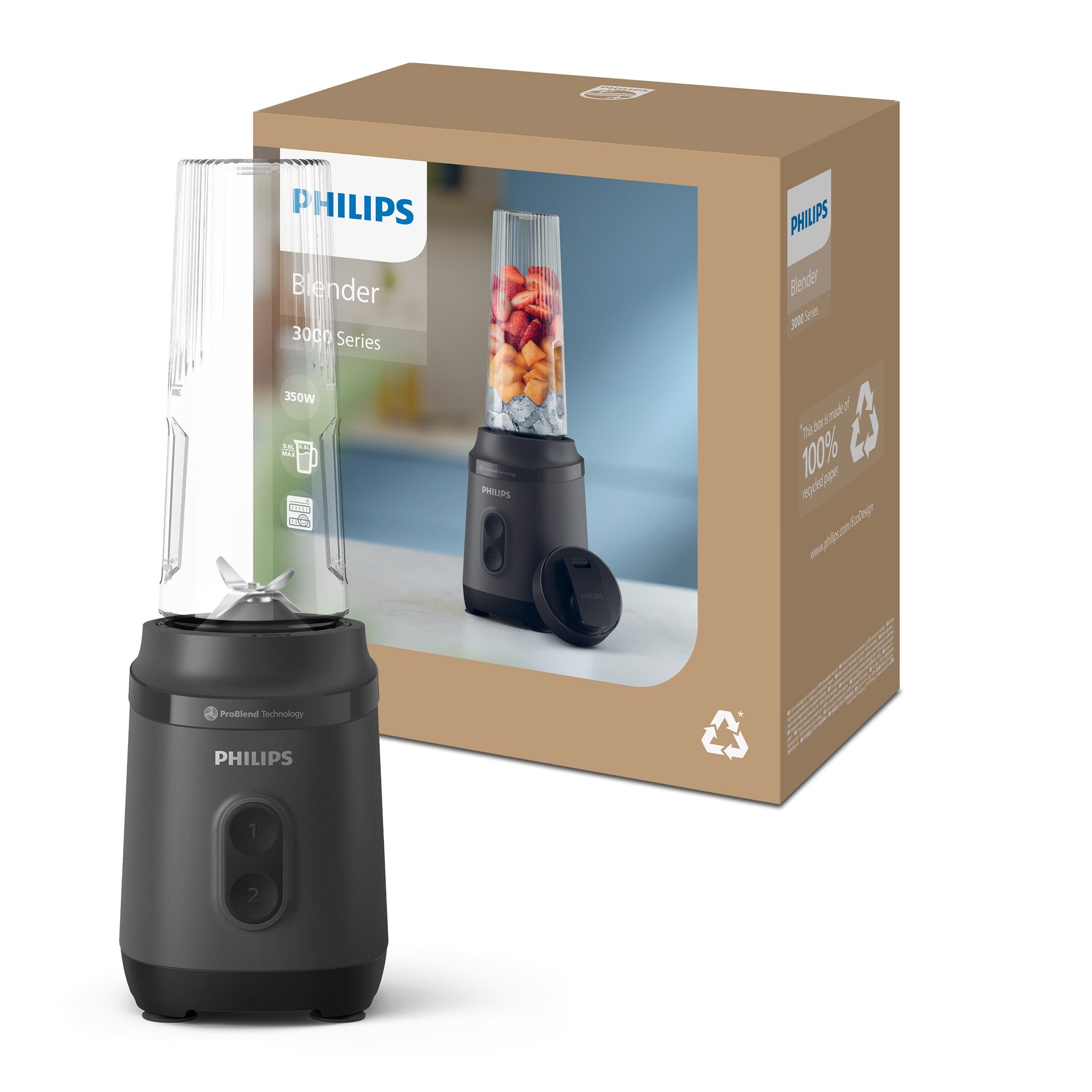 Philips Standmixer HR2760/00 mit ProBlend-Technologie, 350 W, Blend & Go-Trinkbecher, 2 Geschwindigkeitsstufen, Schwarz