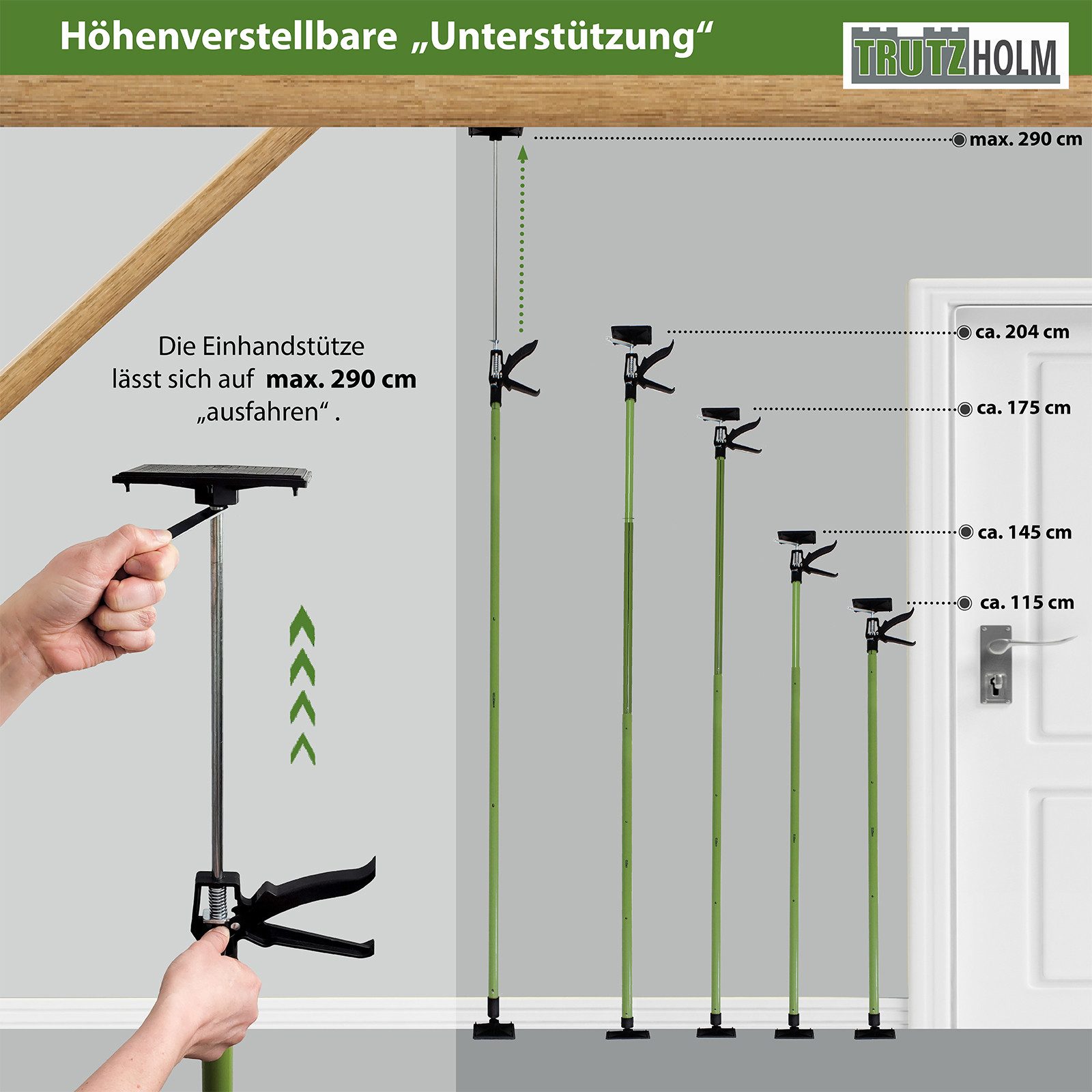 TRUTZHOLM Montageklemme Profi Einhandstütze Montagestütze Deckenstütze Teleskopstütze, B: 13 cm, L: 290 cm, (Stück, 1-tlg., bis 290cm), materialschonend