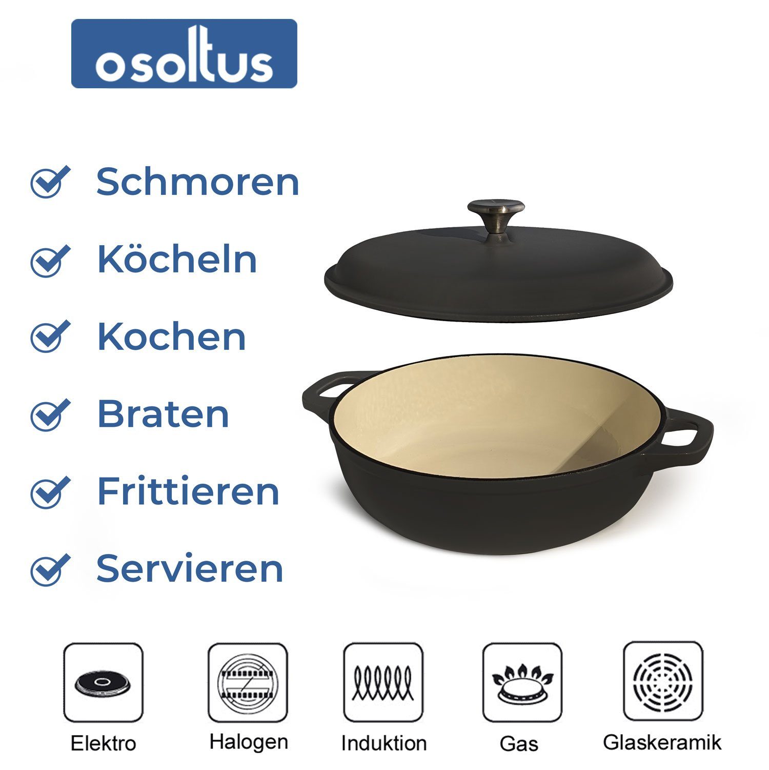 osoltus osoltus Bratpfanne Gusseisen Bauernpfanne dunkelgrau 30cm Deckel m.