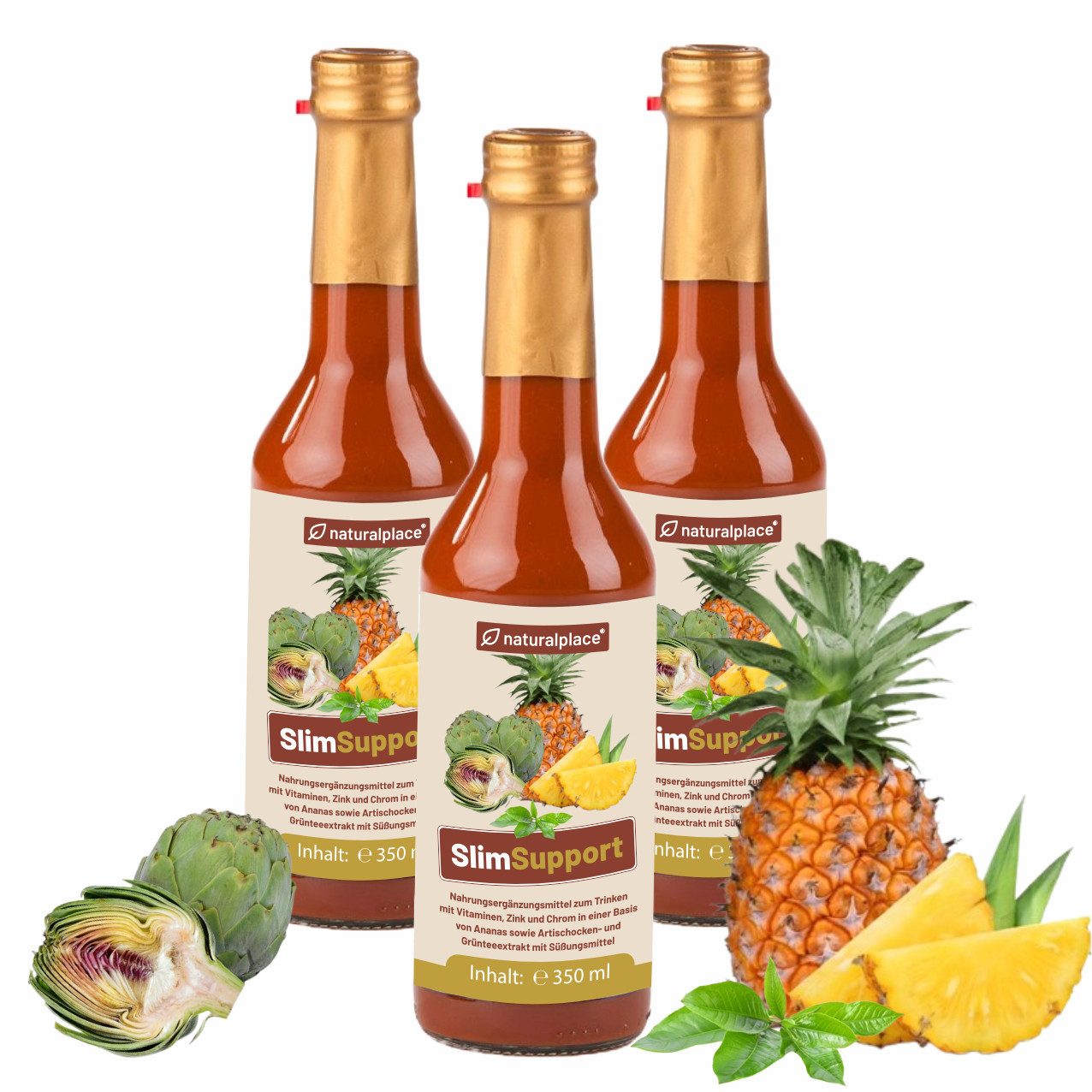 naturalplace® SlimSupport - Begleiter zum Wunschgewicht, mit Vitaminen, Zink, Chrom- Saft, 1050 ml, mit Ananassaft sowie Artischocken- und Grünteeextrakt, 3 Flaschen-Kur