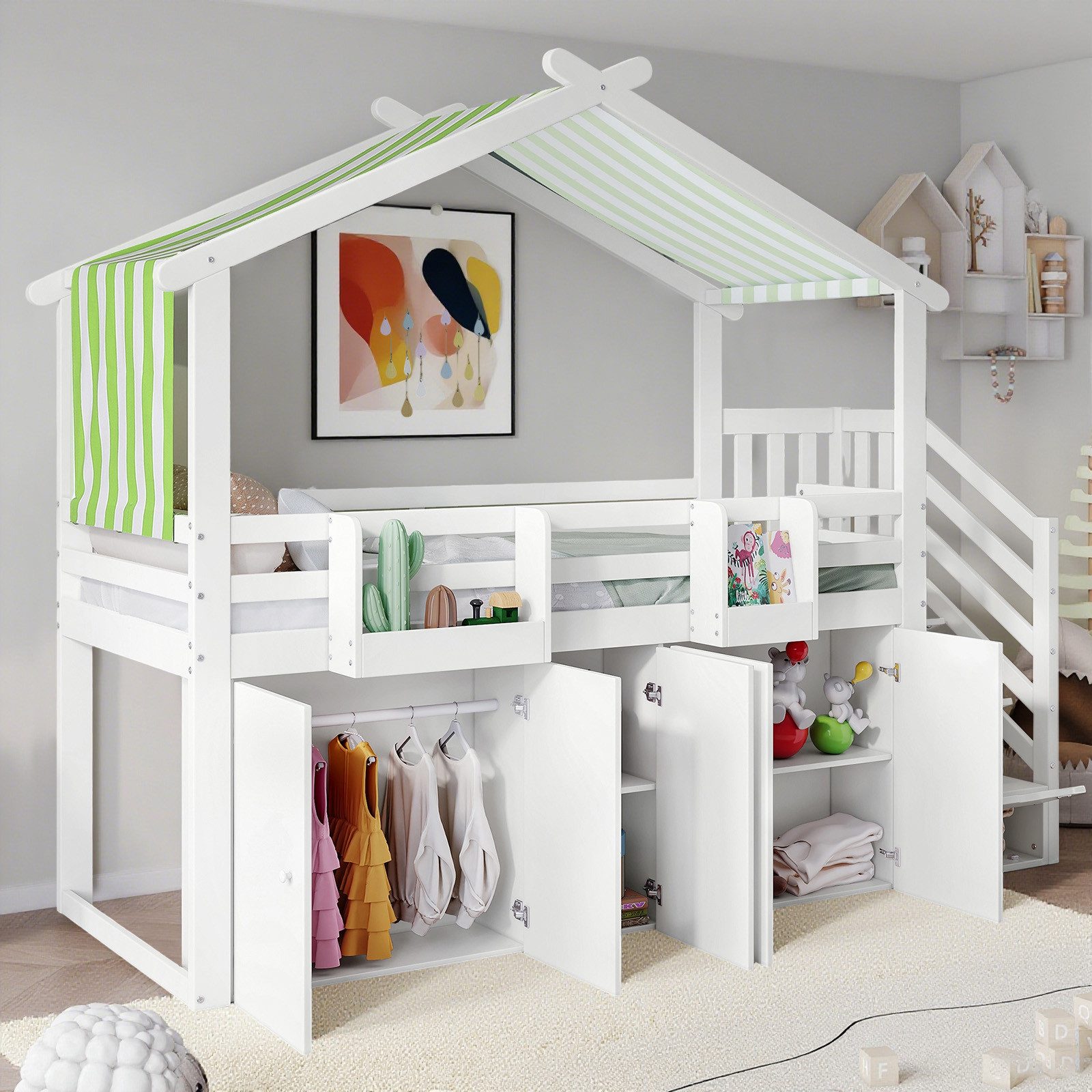 MODFU Kinderbett Stauraumbett mit Stauraum-Treppe, 3 Schränken (Hochbett mit Kleiderschrank & Fallschutzgitter, Einzelbett 90x200cm), ohne Matratze