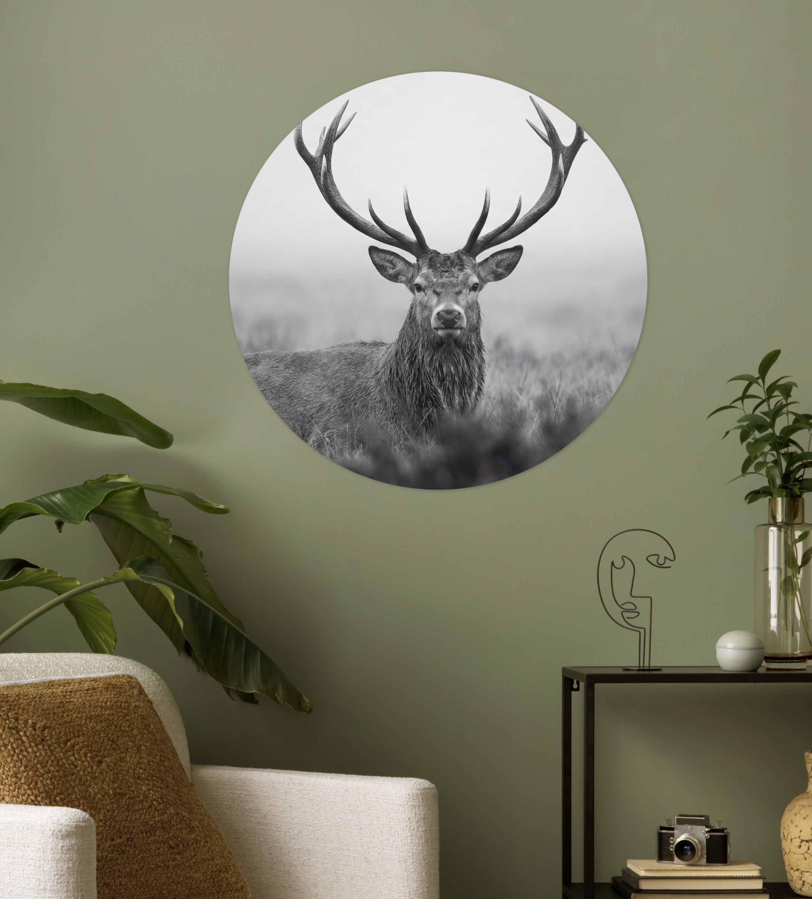 MuchoWow Wandsticker Hirsch - Neblig - Schwarz - Weiß (1 St), Tapetensticker Selbstklebend, Wandbild Wohnzimmer, 80x80 cm