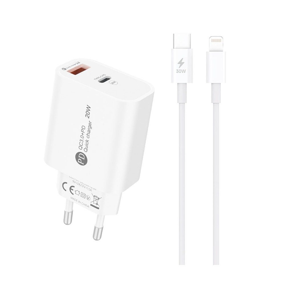 Hurtel Schnellladegerät Netzteil Ladeadapter USB-Ladegerät (Spar-Set, 1-tlg., 1 m Kabel, schnell, QC 3.0, Power Delivery, 2 Anschlüsse, Kabel inklusive)