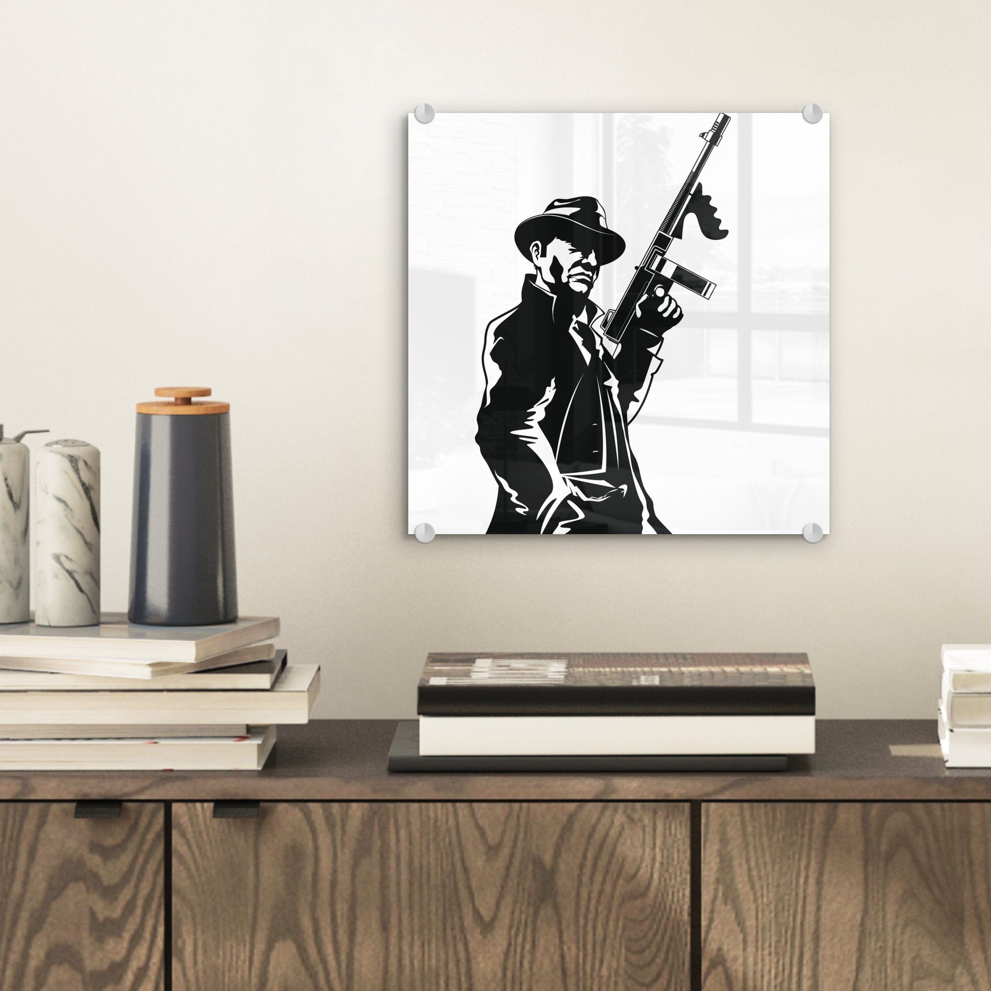MuchoWow Acrylglasbild Illustration auf - schwarz-weiß, Mafia-Mitglieds Glas mit Wandbild Glasbilder (1 eines Foto - Waffe in Bilder - einer Wanddekoration Glas auf St)