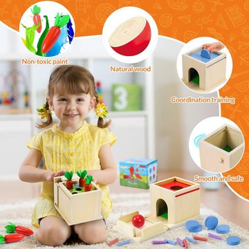 POPOLIC Lernspielzeug Montessori Spielzeug ab 2 Jahre Holzspielzeug 4 in 1 Montessori (Münzbox, Ball Drop, Wurmspielzeug Fangen), Karottenernte Lernspielzeug Geschenk für Kinder ab 2 3 4 Jahre