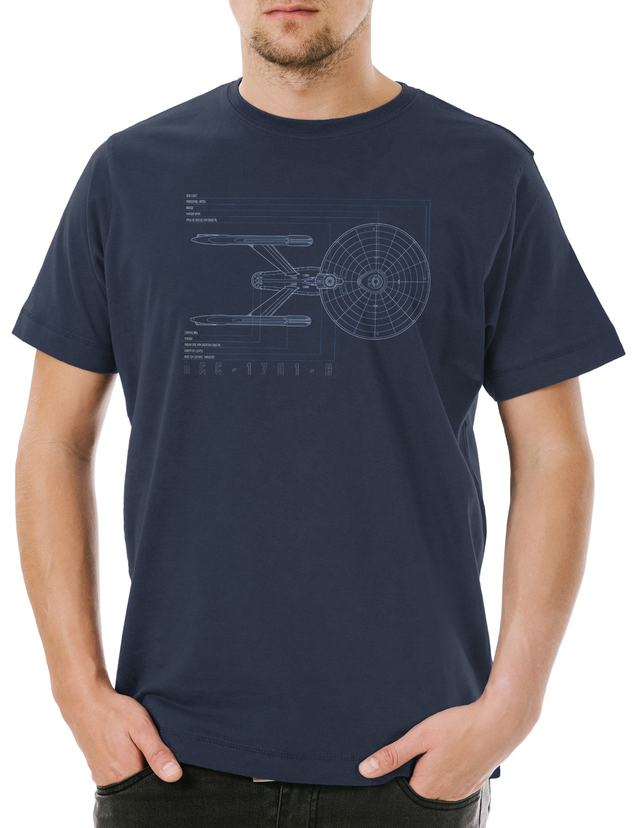 Print-Shirt Blueprint U.S.S. Federation Herren T-Shirt Star SciFi Raumschiff Trek