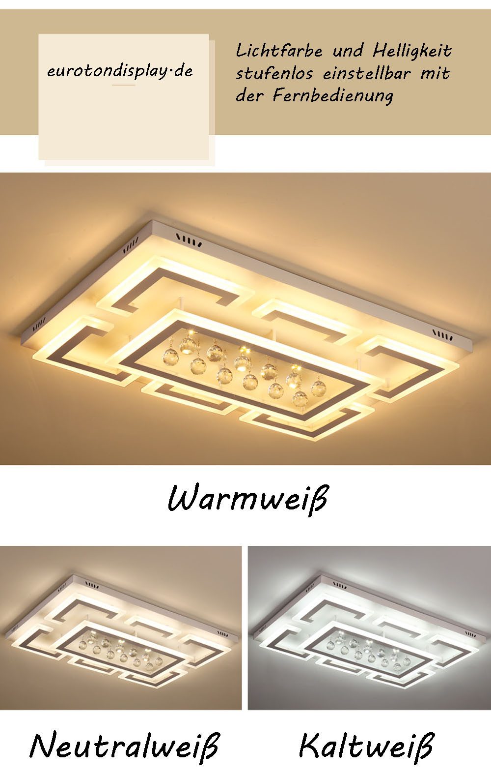 Eurohandisplay LED Deckenleuchte LED Deckenleuchte Kristall Lichtfarbe einstellbar mit Fernbedienung, LED fest integriert, Tageslichtweiß, Lichtfarbe und Hellig – Bild 4 von 5