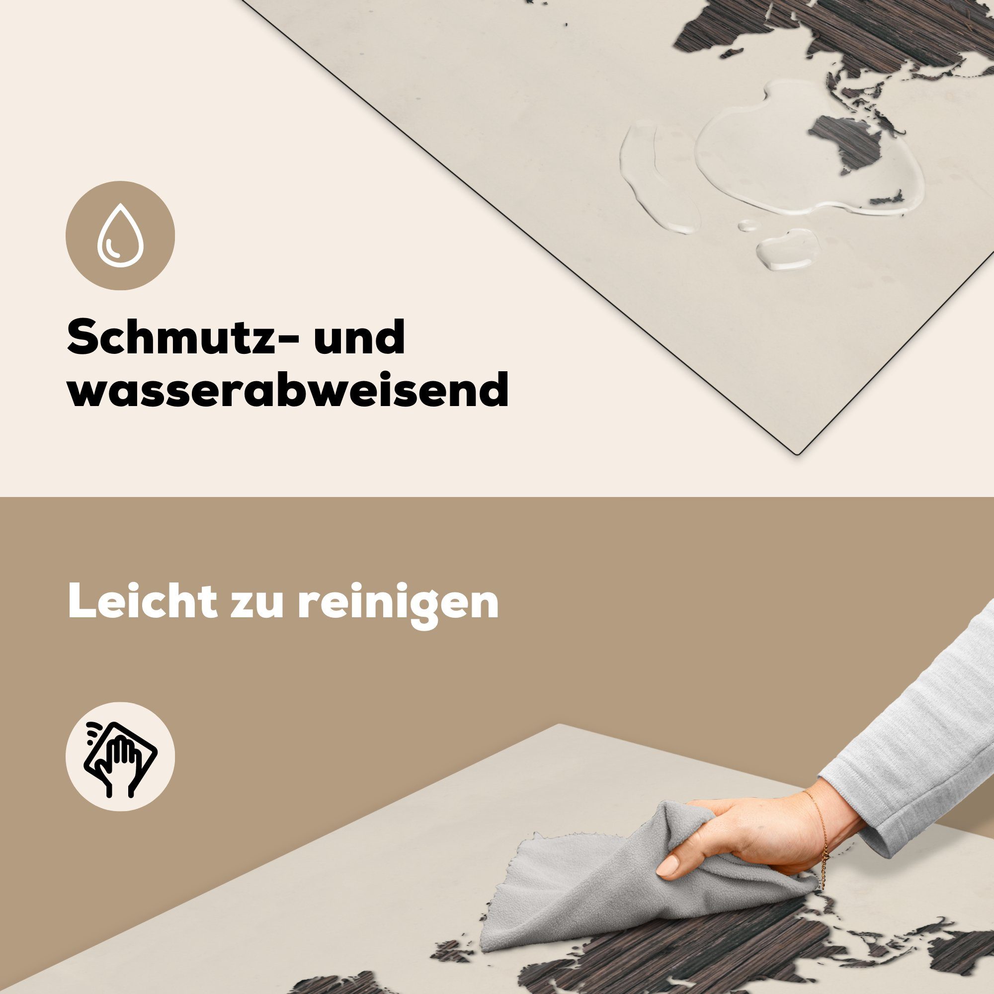MuchoWow Herdblende-/Abdeckplatte Weltkarte Braun Ceranfeldabdeckung, - (1 cm, tlg), 78x78 Arbeitsplatte Holz, für küche - Vinyl