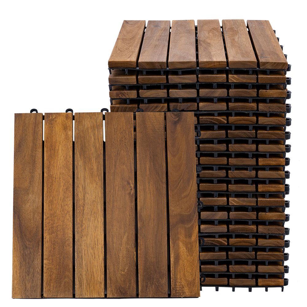 etc-shop Holzfliesen, Holzfliese Terrassenplatten Klickfliesen Akazie Balkon 30x30 cm 18x