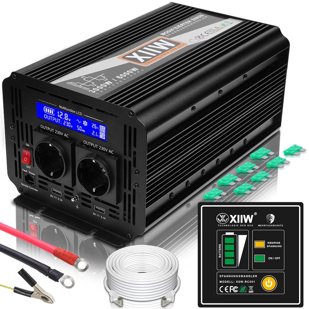 XERSEK Spannungswandler Wechselrichter Spannungswandler 12V auf 230V 3000/6000W Stromumwandler, (mit Fernbedienung + 4m Netzwerkkabel), mit 5A-Dual-USB-Anschluss, KFZ LED Inverter