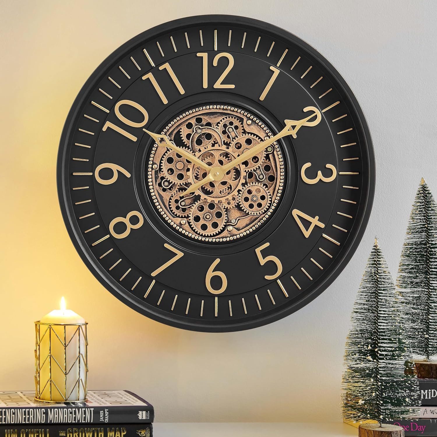 Samilito Wanduhr 53,5 cm rund, drehende Zahnräder, Industrial, leises Quarzwerk (Echtes Bewegungsgetriebe, separater Antrieb, lautloses Sweep-Uhrwerk)
