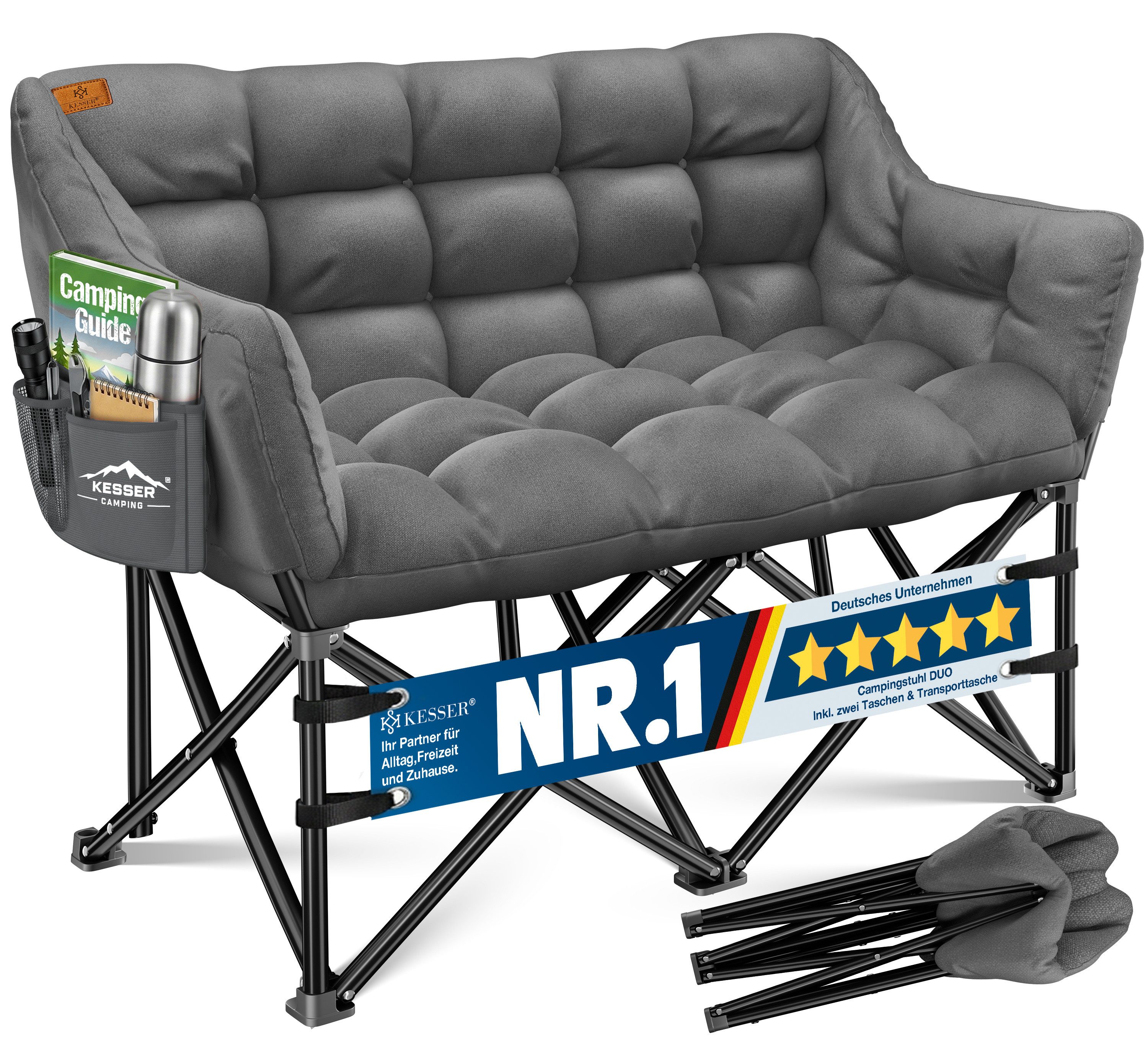 KESSER Campingstuhl für 2 Personen bis 300 kg, faltbar, gepolstert & breit, Indoor & Outdoor, inkl. Tasche & Seitentaschen