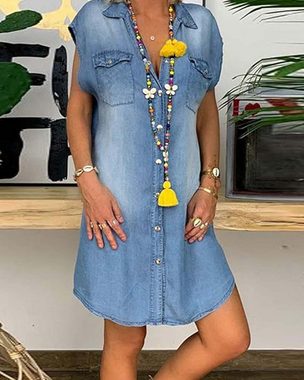 KIKI Blusenkleid Damen Sommerkleid Jeans Kleider V-Ausschnitt Strandkleider Einfarbig