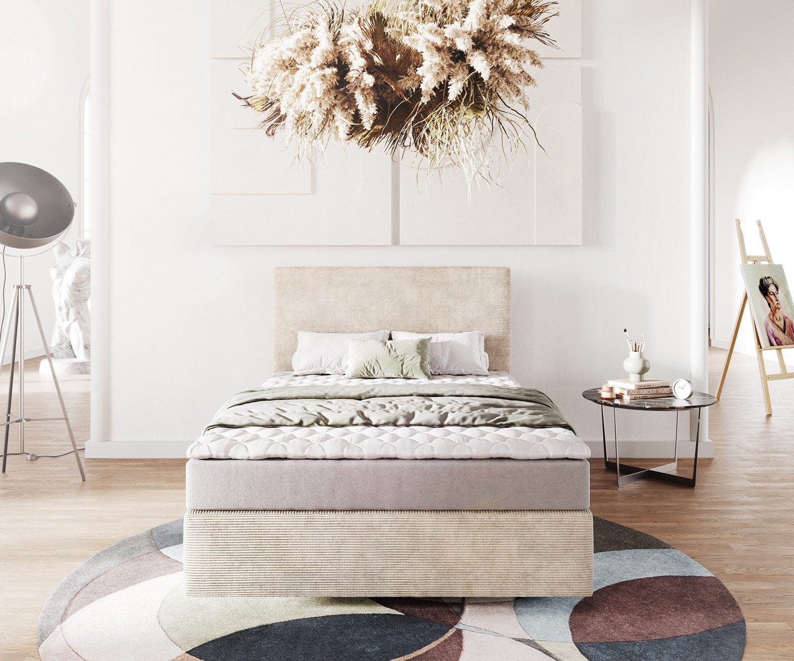 DELIFE Boxspringbett Dream-Well, Cord Beige 120x200 cm mit Matratze und Topper
