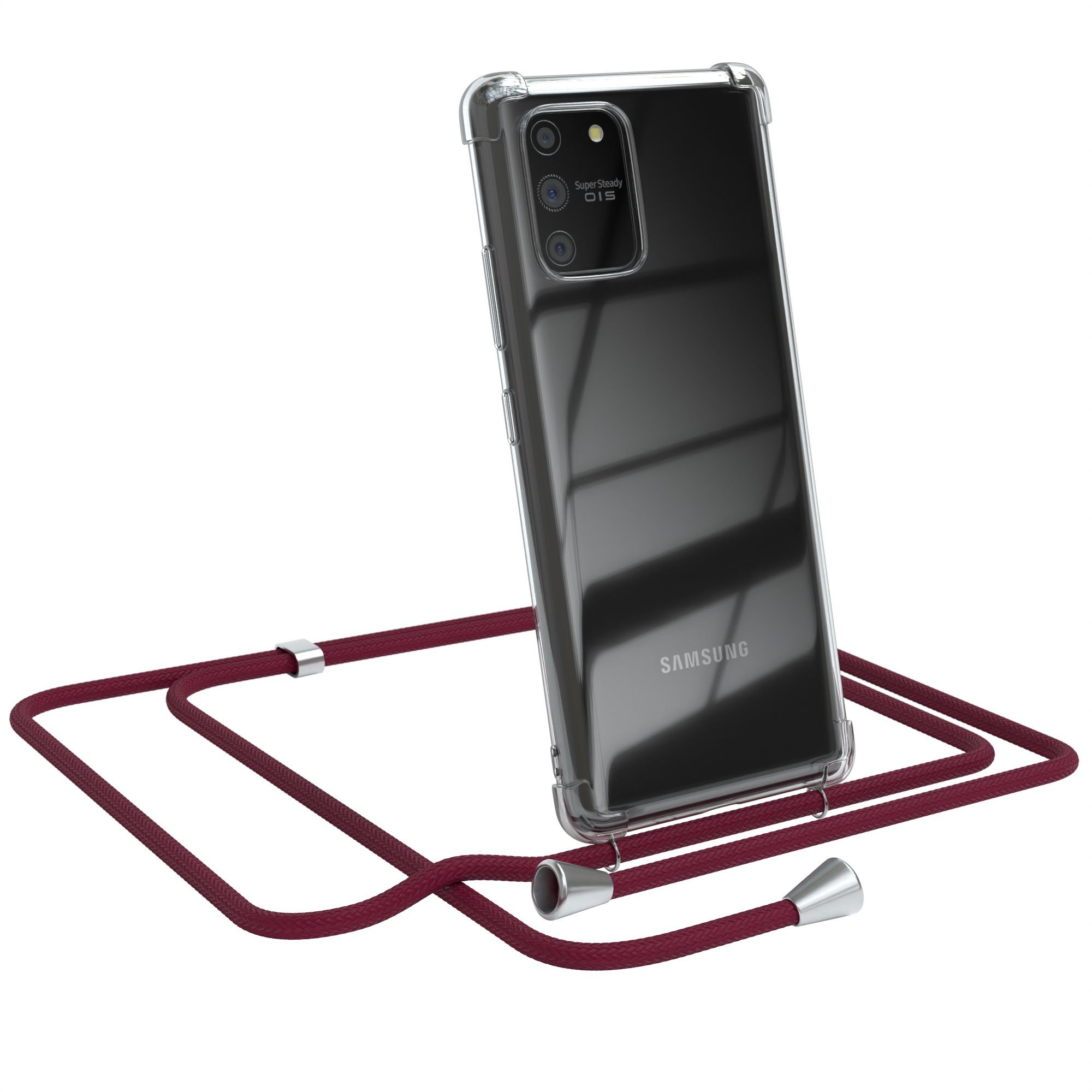 EAZY CASE Handykette Hülle mit Kette für Samsung Galaxy S10 Lite 6,7 Zoll, Silikonhülle durchsichtig mit Umhängeband Handytasche Bordeaux Rot