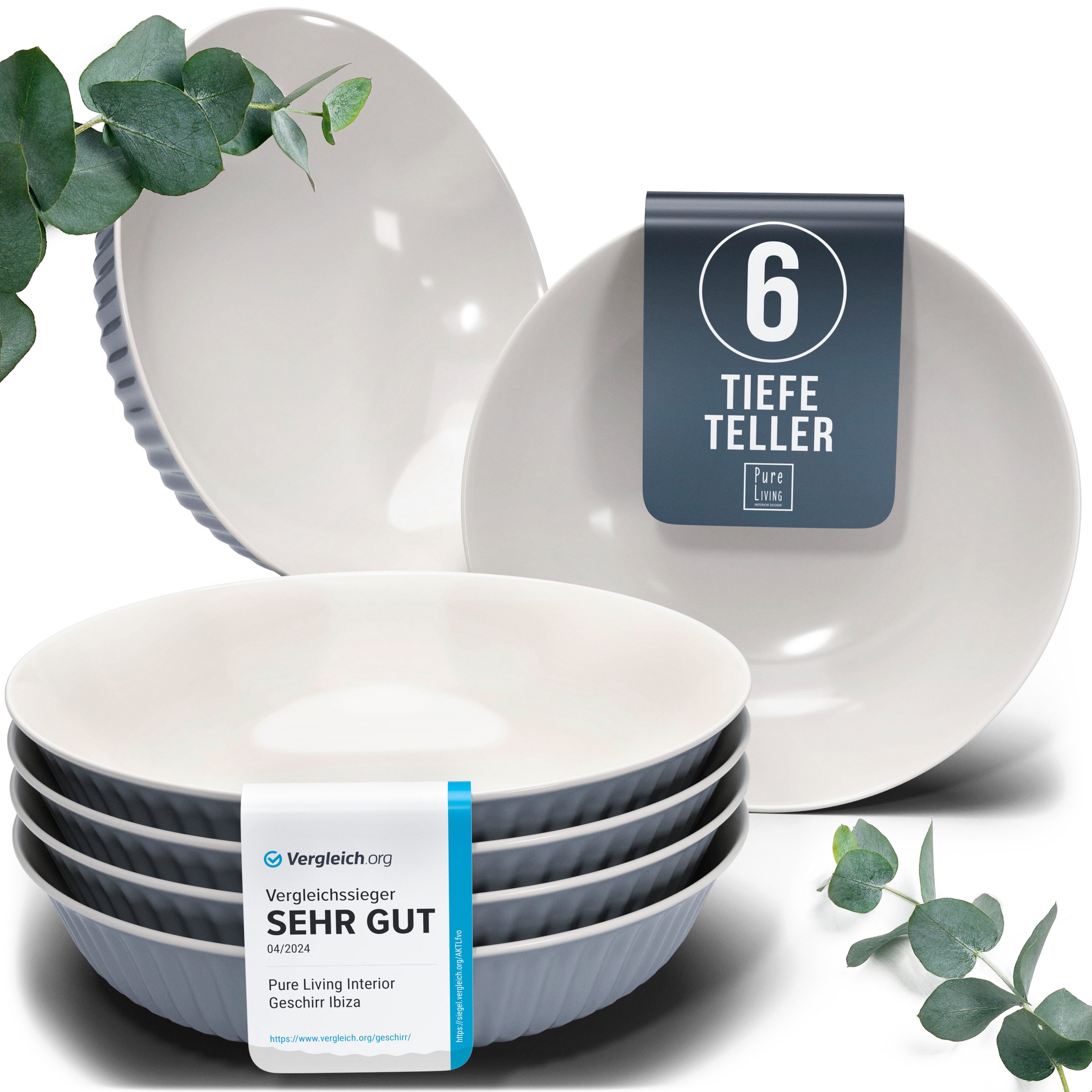 PURE LIVING INTERIOR DESIGN Geschirr-Set Suppenteller 6er 20cm »Hygge«, Steingut Graublau (6-tlg), 6 Personen, Steingut