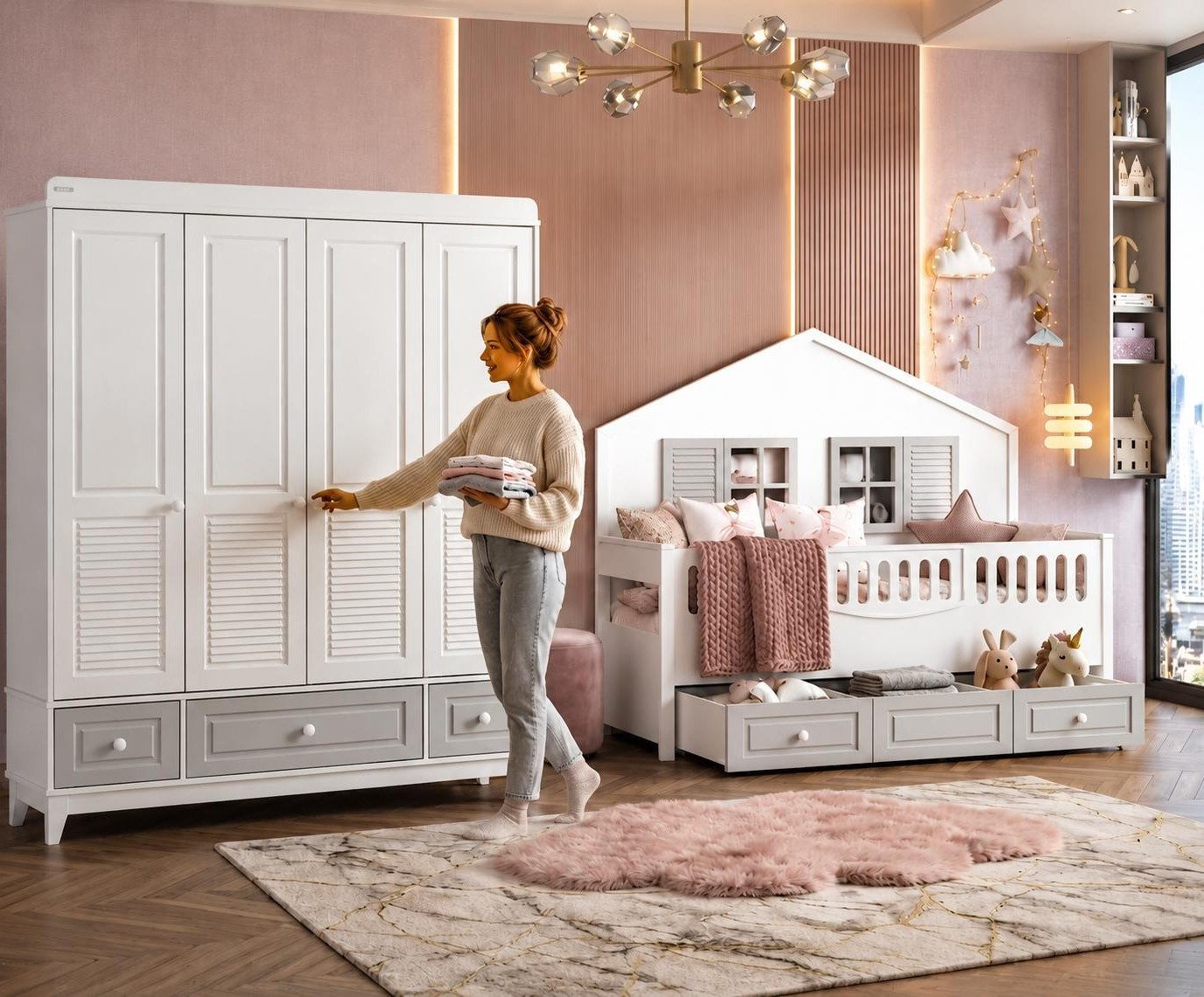 Xlmoebel Kinderkleiderschrank Eleganter Kinderkleiderschrank aus Holz mit viel Stauraum (Kinderkleiderschrank, 4 Türen, 3 Schubladen) Made in Europa