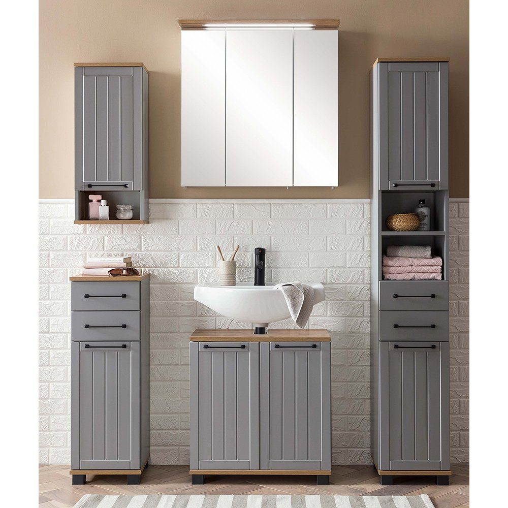 Lomadox Badmöbel-Set JAUSA-80, (Spar-Set, 5-St), Badmöbel im Landhaus-Stil, grau mit Eiche Nb.