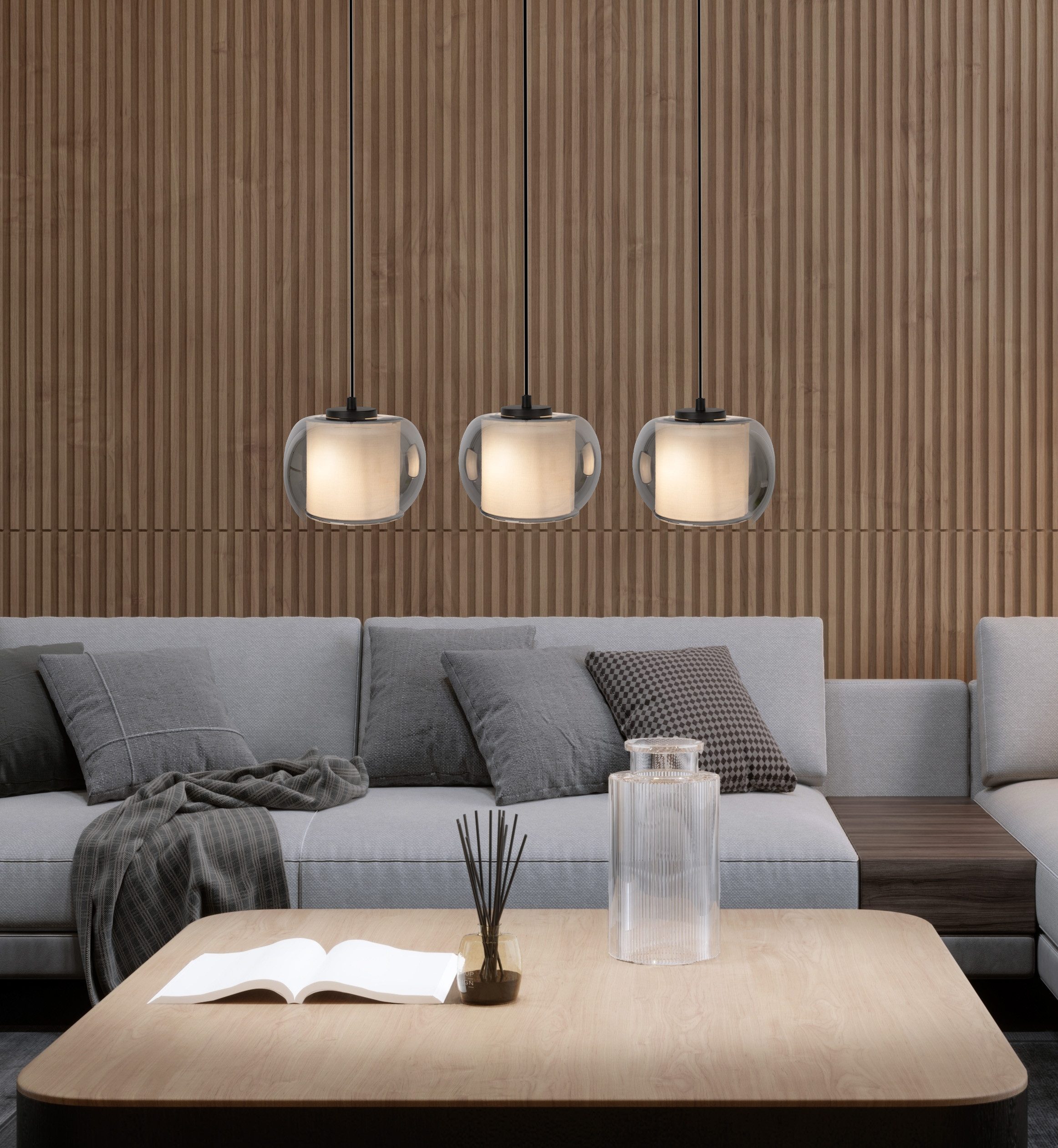 OTTO home Pendelleuchte Tanissa mit Doppelschirm, ohne Leuchtmittel, Pendellampe, Rauchglas, innen Stoffschirm, E27, Glasschirm, Glaskugel