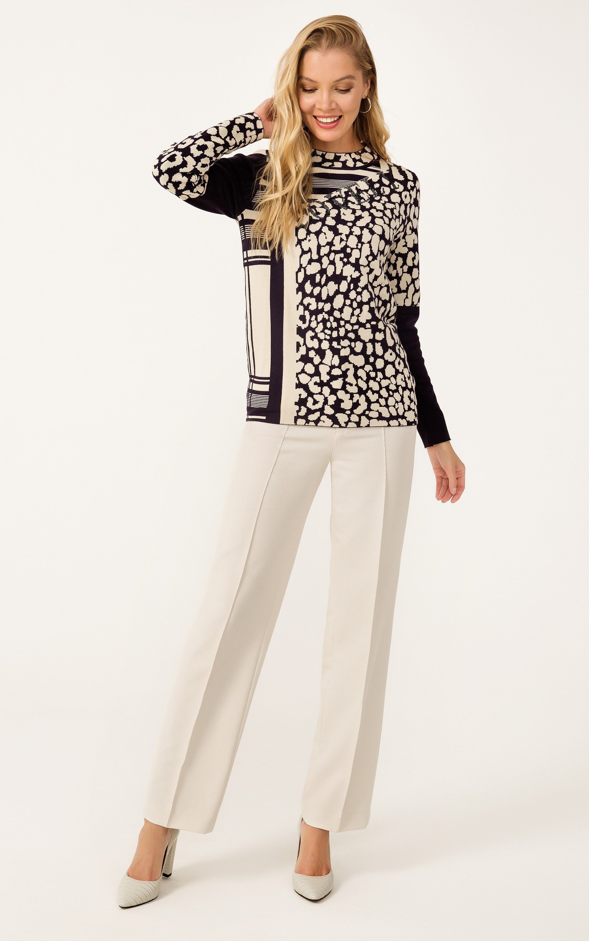 Passioni Strickpullover mit Leoprint und Strasslogo günstig online kaufen