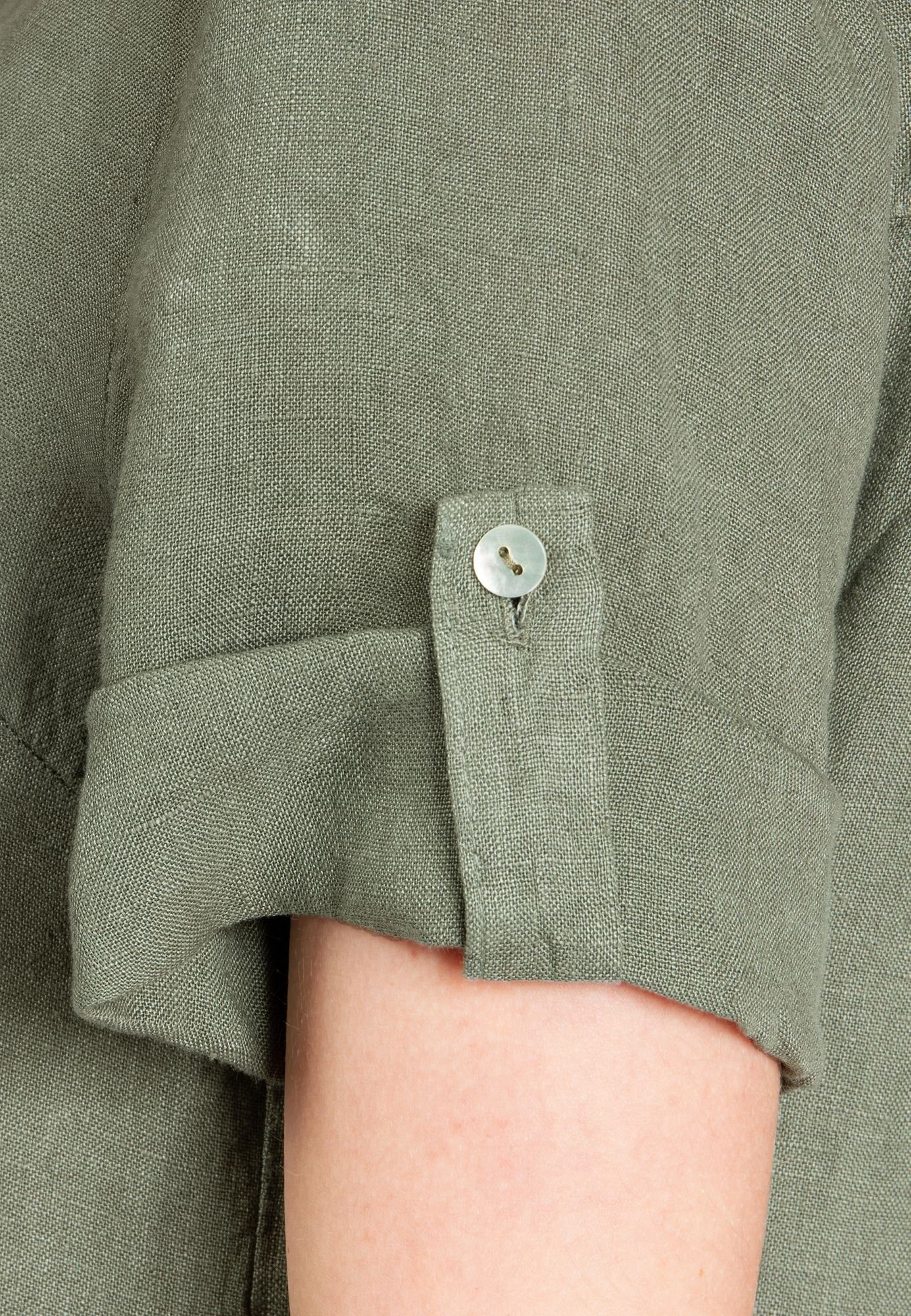 elegante BLU024 mit Sommer Shirtbluse V-Ausschnitt grün oliv Leinenbluse Caspar Damen stylischem Halbarm