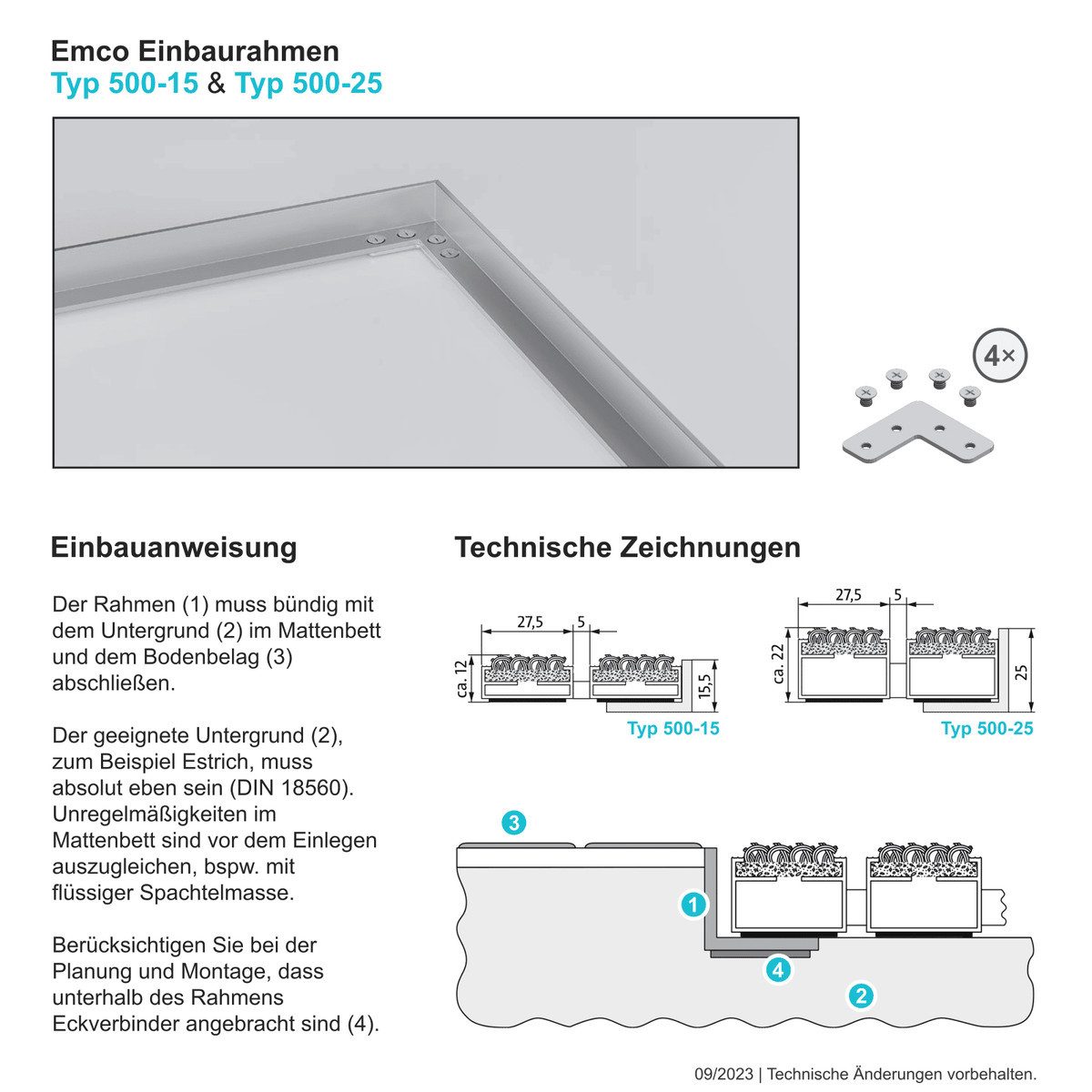 Emco Fußmatte Einbaurahmen für Aluminium Eingangsmatten 500/15, rechteckig, Höhe: 15 mm, Material: Aluminium, Größe: 600 x 400 mm – Bild 4 von 4