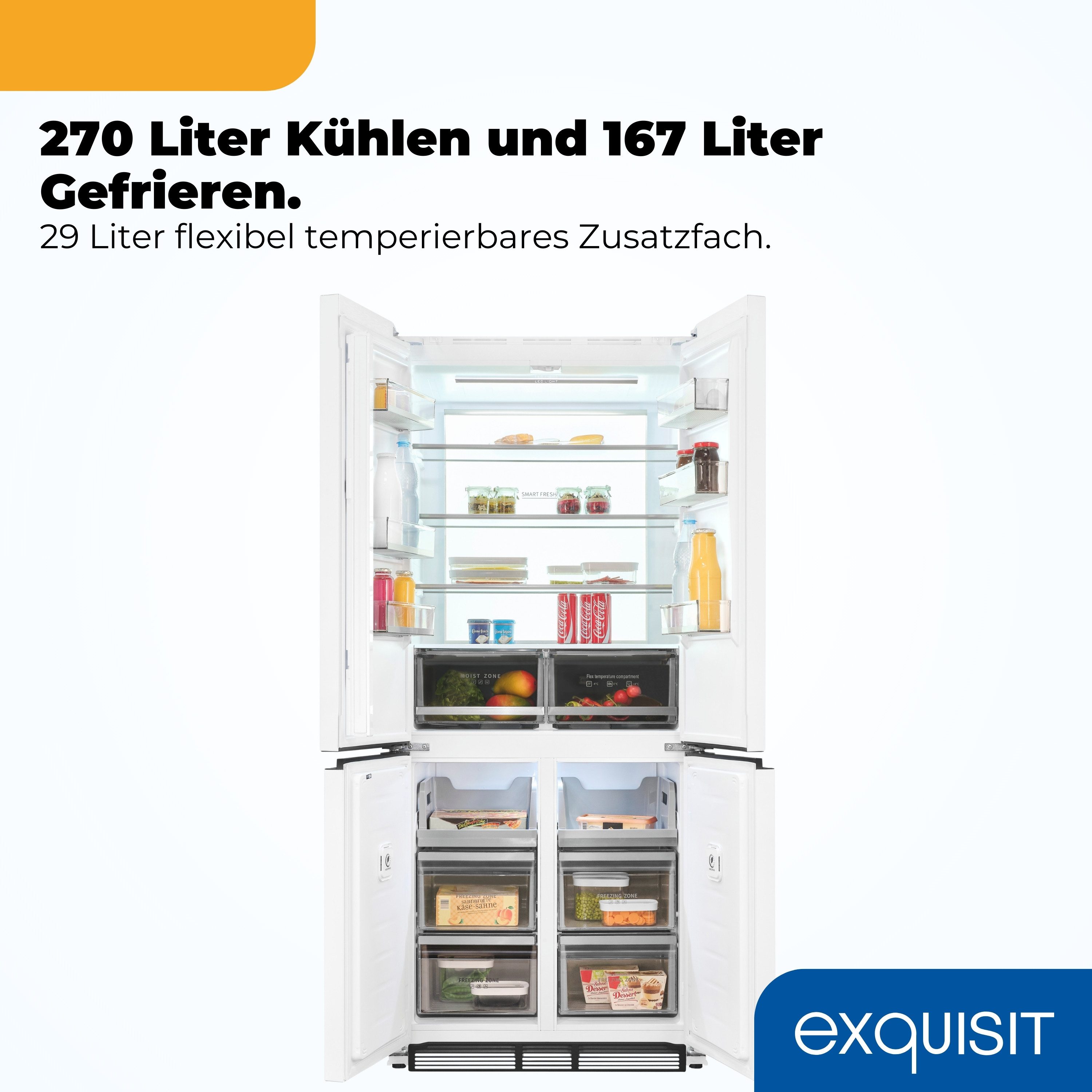 exquisit Multi Door EMD470-170-200E inoxlook-weiss, 193 cm hoch, 84 cm breit, Nie mehr abtauen – No-Frost & Umluft für perfekte Kühlung