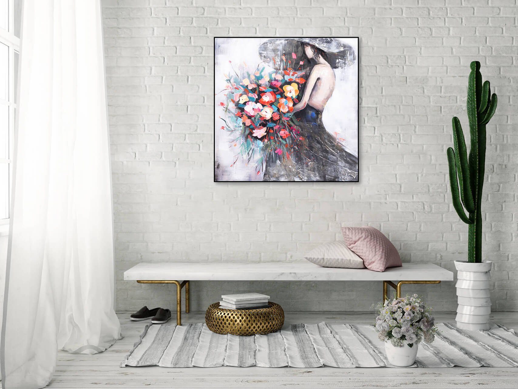 Flower Leinwandbild Wohnzimmer Girl HANDGEMALT cm, Gemälde KUNSTLOFT 80x80 100% Wandbild