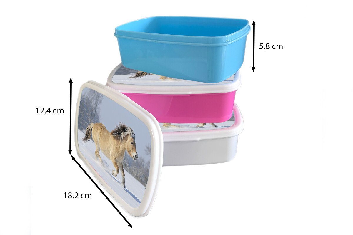 MuchoWow Lunchbox Kunststoff, und Jungs Brotbox den für Mädchen Fjordpferd für weiß läuft Kinder Schnee, Brotdose, und Erwachsene, durch (2-tlg)