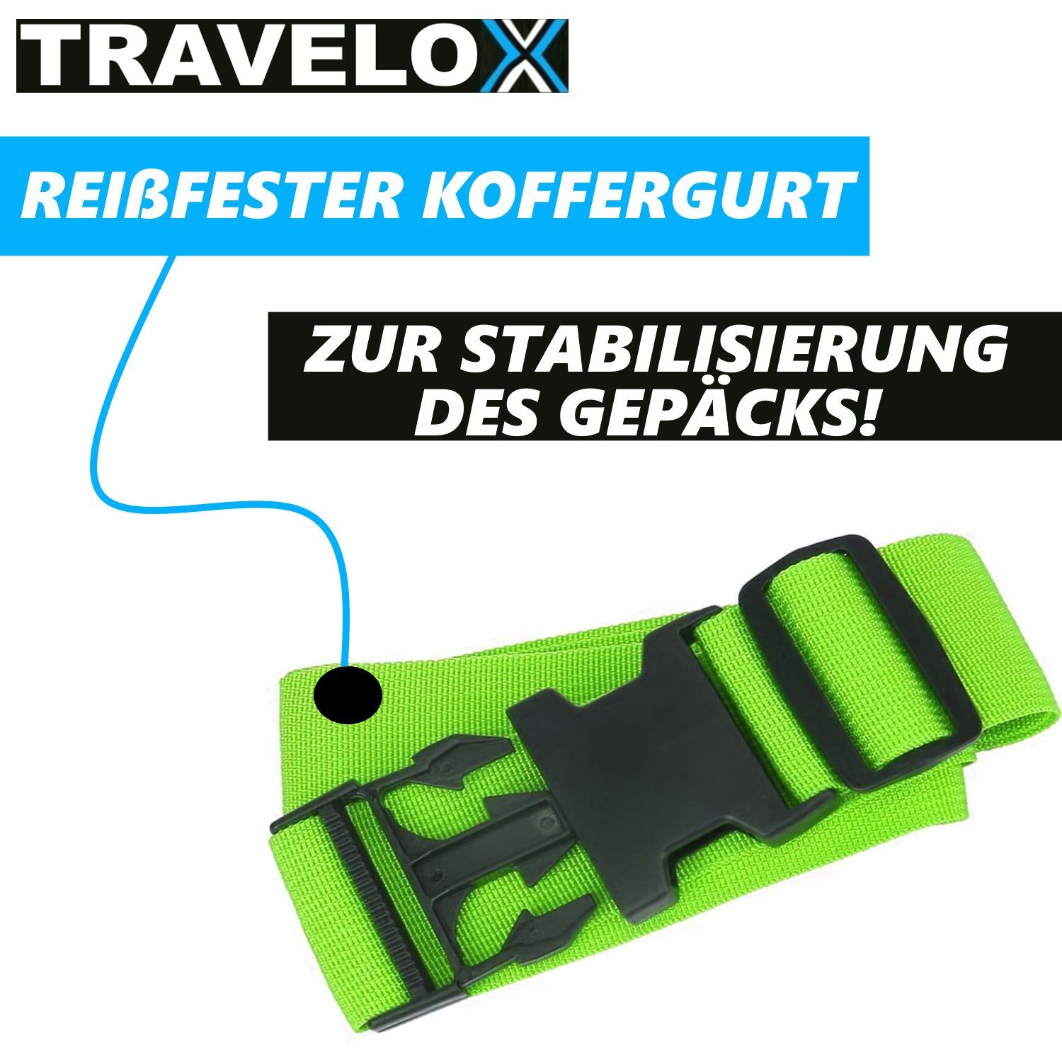 MAVURA Koffergurt TRAVELOX Reise-Set Adressschild (Adressanhänger Grün Kofferanhänger), & Gepäckgurt Gepäckanhänger mit, Kofferband 3tlg Zahlenschloss