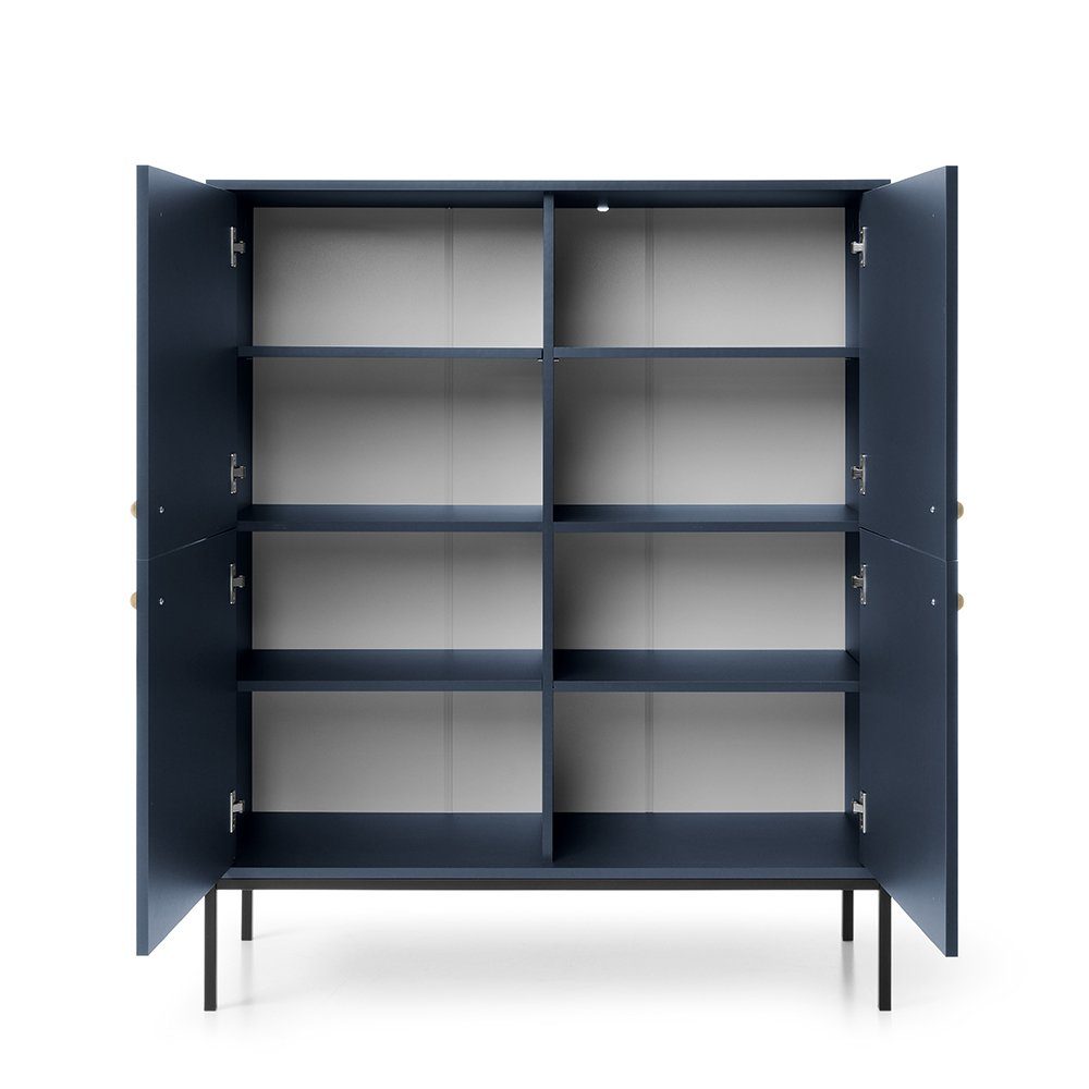 Lomadox Highboard MALAGA-160, in marineblau, Fußgestell schwarz, goldene Griffe