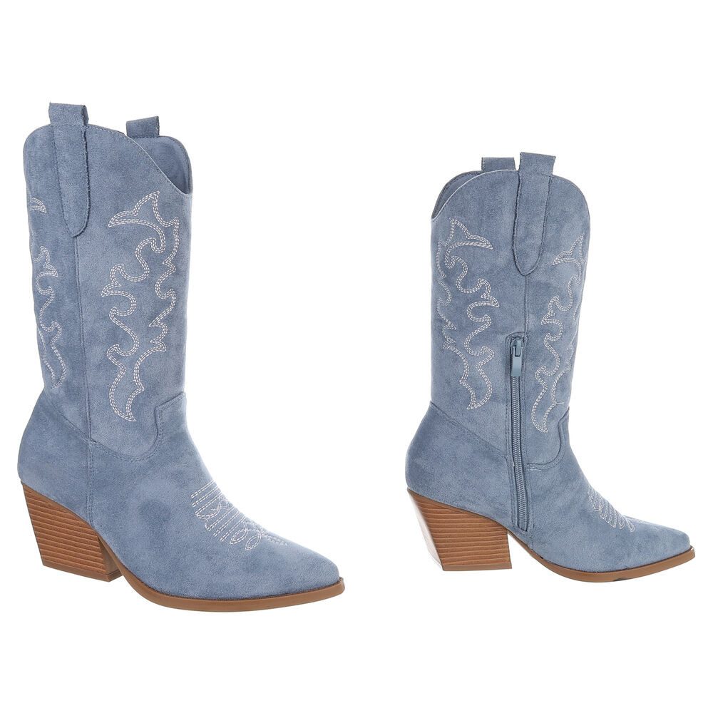 Ital-Design Cowboystiefel mit Blockabsatz und kunstvollen Details Westernstiefel (91409490) Blockabsatz Stiefel in Hellblau – Bild 4 von 5