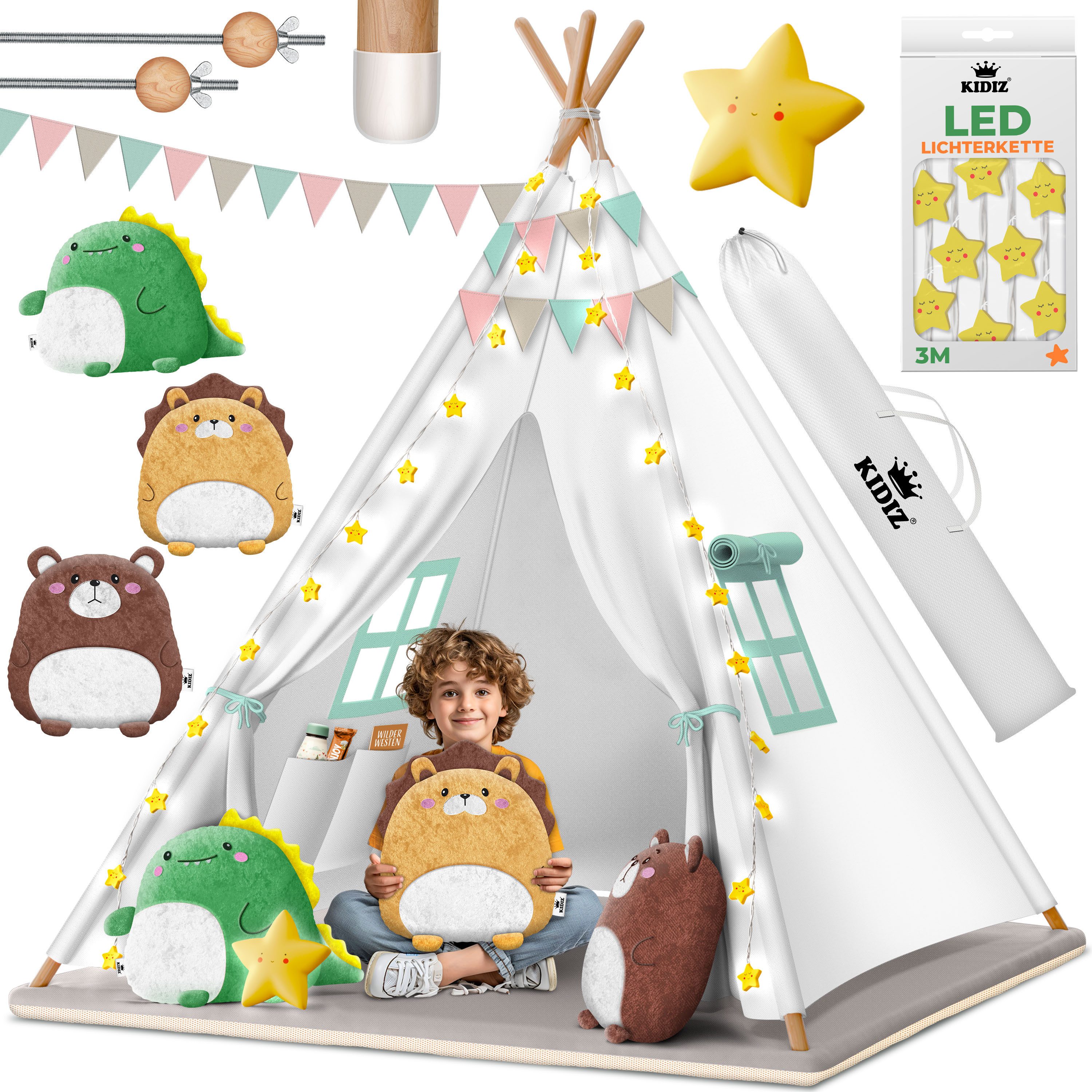KIDIZ Spielzelt Tipi Zelt für Kinder aus Baumwolle 100x100x160cm Kinderzelt (LED-Lichterkette, Leuchtstern, Girlande, 3 Plüschtiere, Matte & Tasche) Spielhaus für drinnen & draußen Tipizelt
